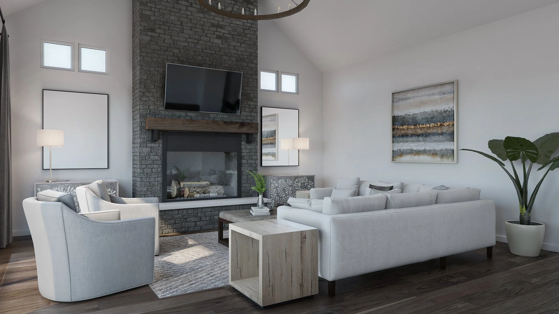 Living room with white sofas, armchairs, a stone fireplace with a mounted TV, abstract artwork, a tall potted plant, and a floor lamp.