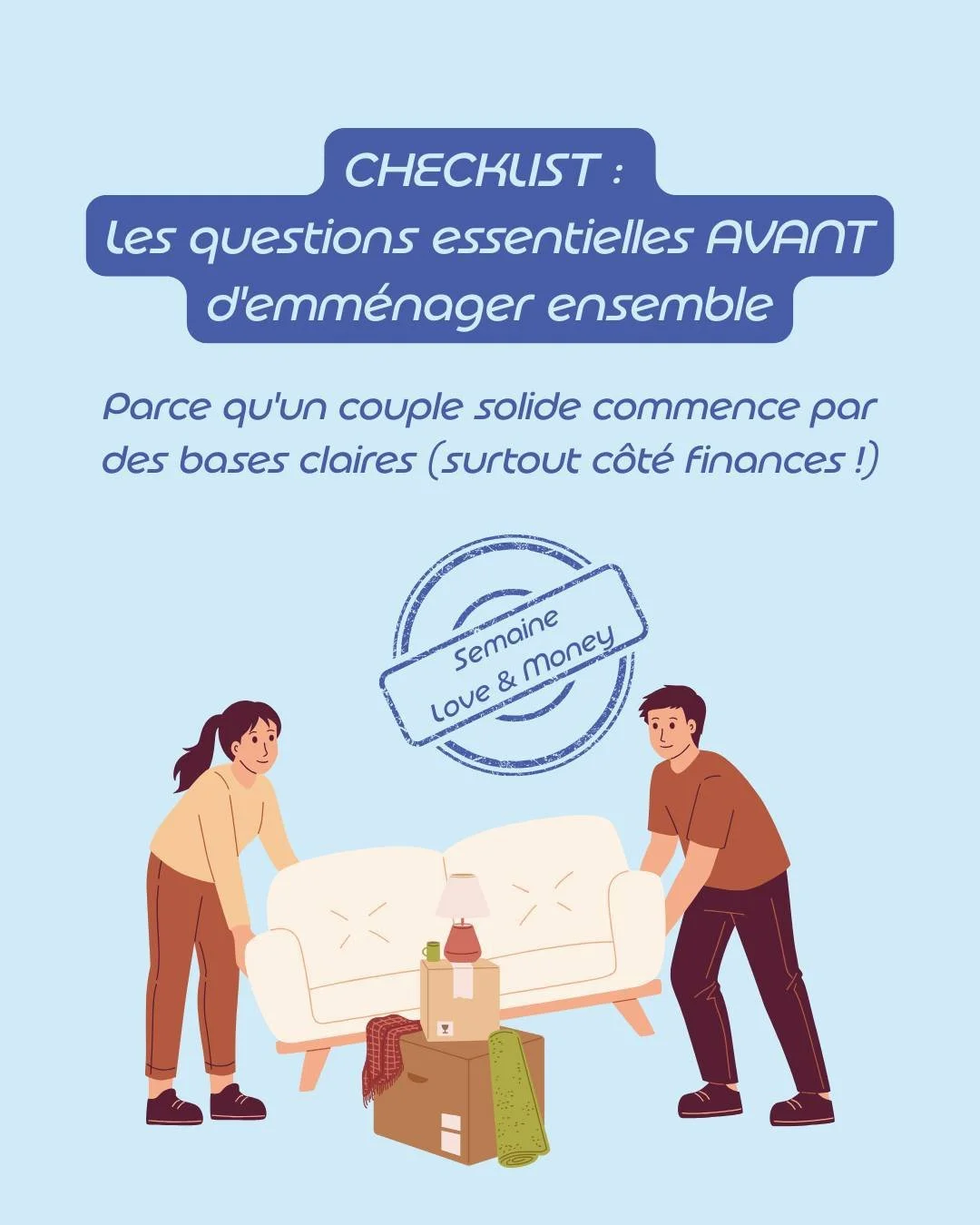 Emm&eacute;nager ensemble, c'est bien plus que m&eacute;langer vos affaires ! 🏠✨

Ces questions sont un vrai game-changer pour poser des bases saines dans votre couple. Parce que l'argent, c'est le sujet num&eacute;ro 1 de disputes chez les couples.