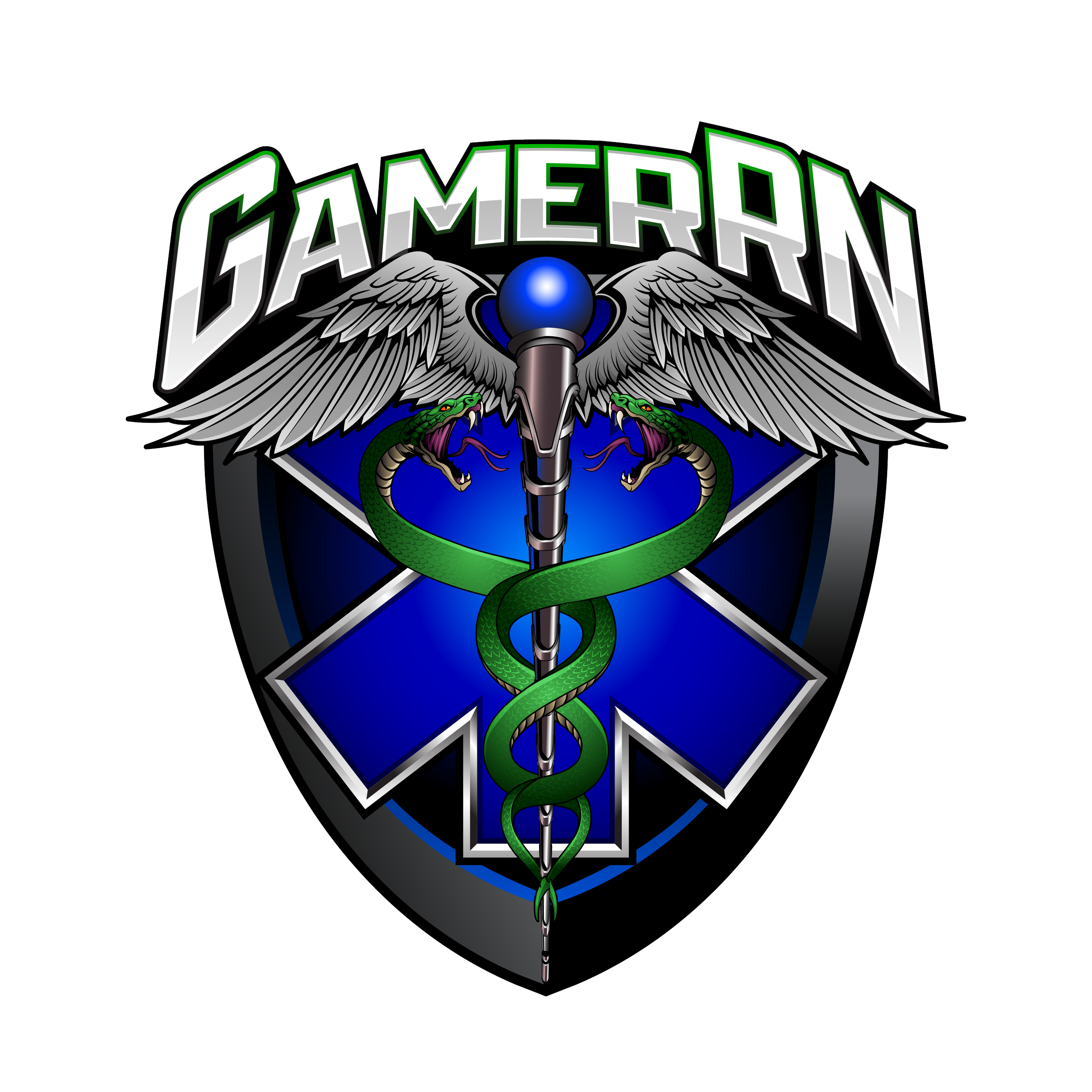 A digital illustration of Cameron, featuring a shield with a green snake wrapped around a sword topped with a blue orb, wings, and two snakes beneath.