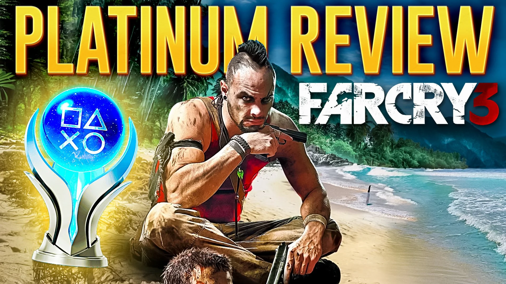 A colorful promotional image for a Far Cry 3 gaming review featuring a man holding a gun on a tropical beach, with palm trees, the ocean, and mountains in the background. The text