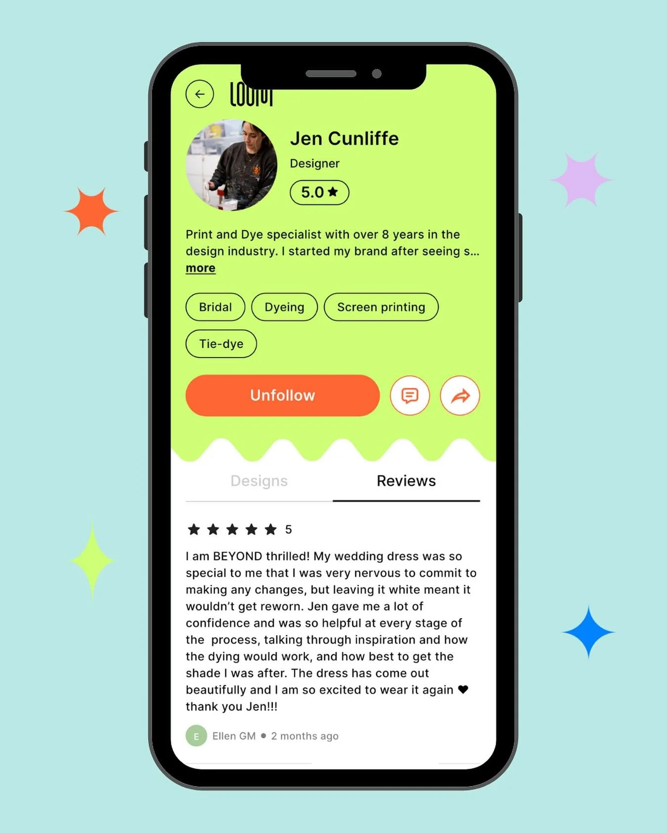 “I am BEYOND thrilled!” ⭐️⭐️⭐️⭐️⭐️
We couldn’t be more obsessed with this review from Ellen about her newly dyed wedding dress. 
Transforming a beloved garment can be nerve-wracking, but Loom designer Jen Cunliffe ensured a seamle