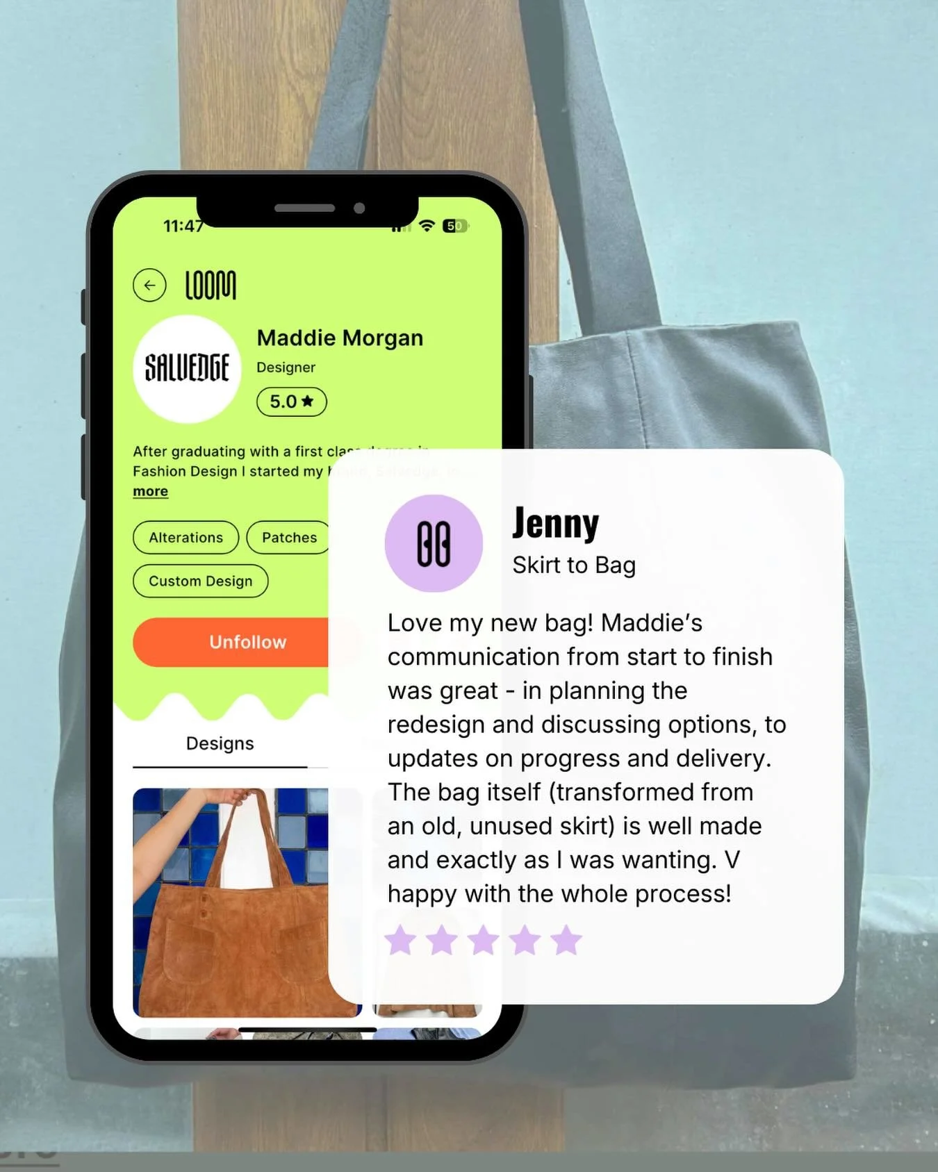 &ldquo;Exactly as I was wanting.&rdquo; ⭐⭐⭐⭐⭐

Take the stress out of redesign. Jenny used Loom to turn a leather skirt into an everyday tote bag with zero hassle and perfect results.

Ready to redesign? Download the app and post your project today! 
