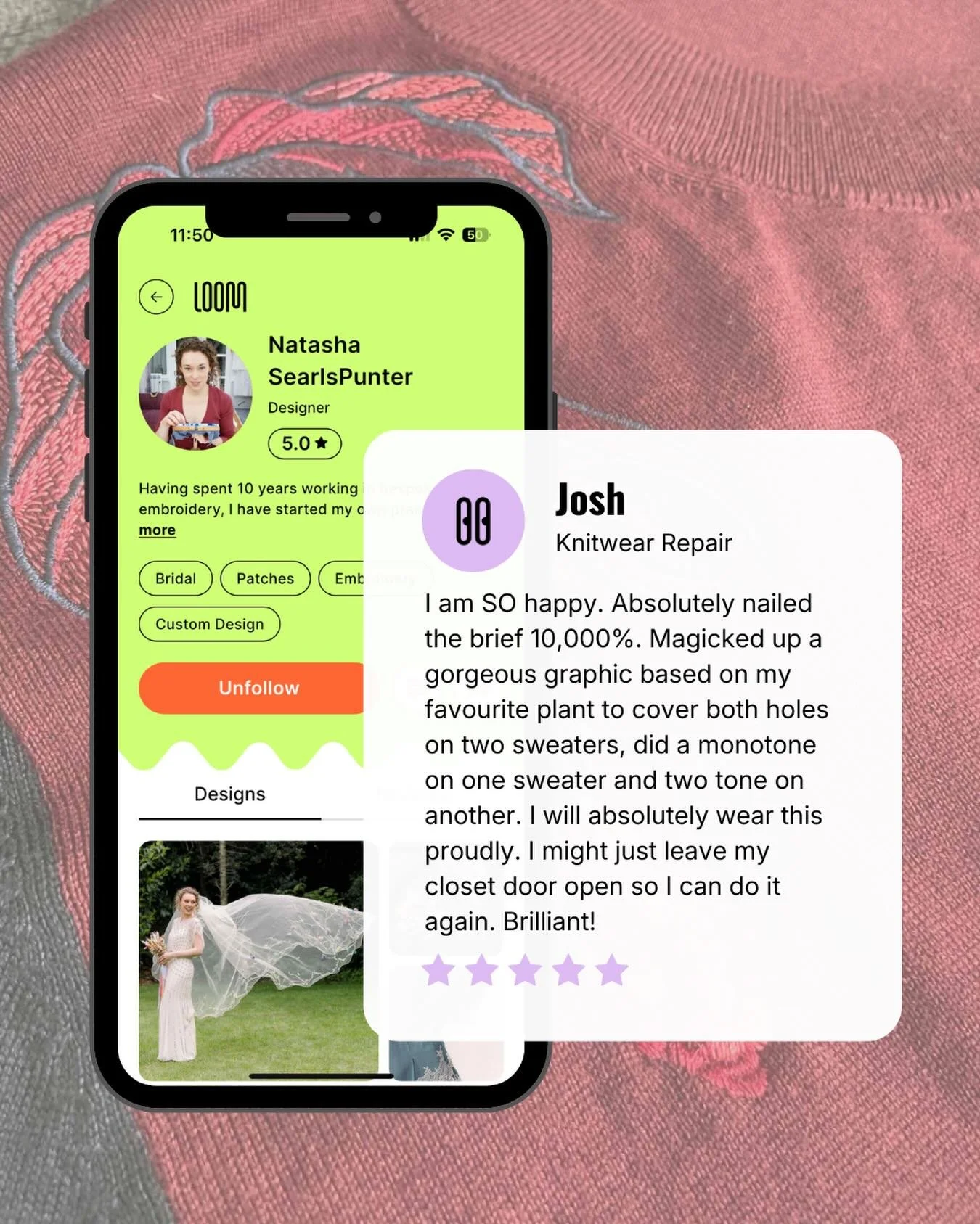 Nailed the brief 10,000%. 

Why settle for a simple fix when you can have a custom creation? Designer Natasha didn&rsquo;t just repair this sweater; she gave Josh a reason to &ldquo;leave the closet door open.&rdquo;

Find your designer on Loom and m