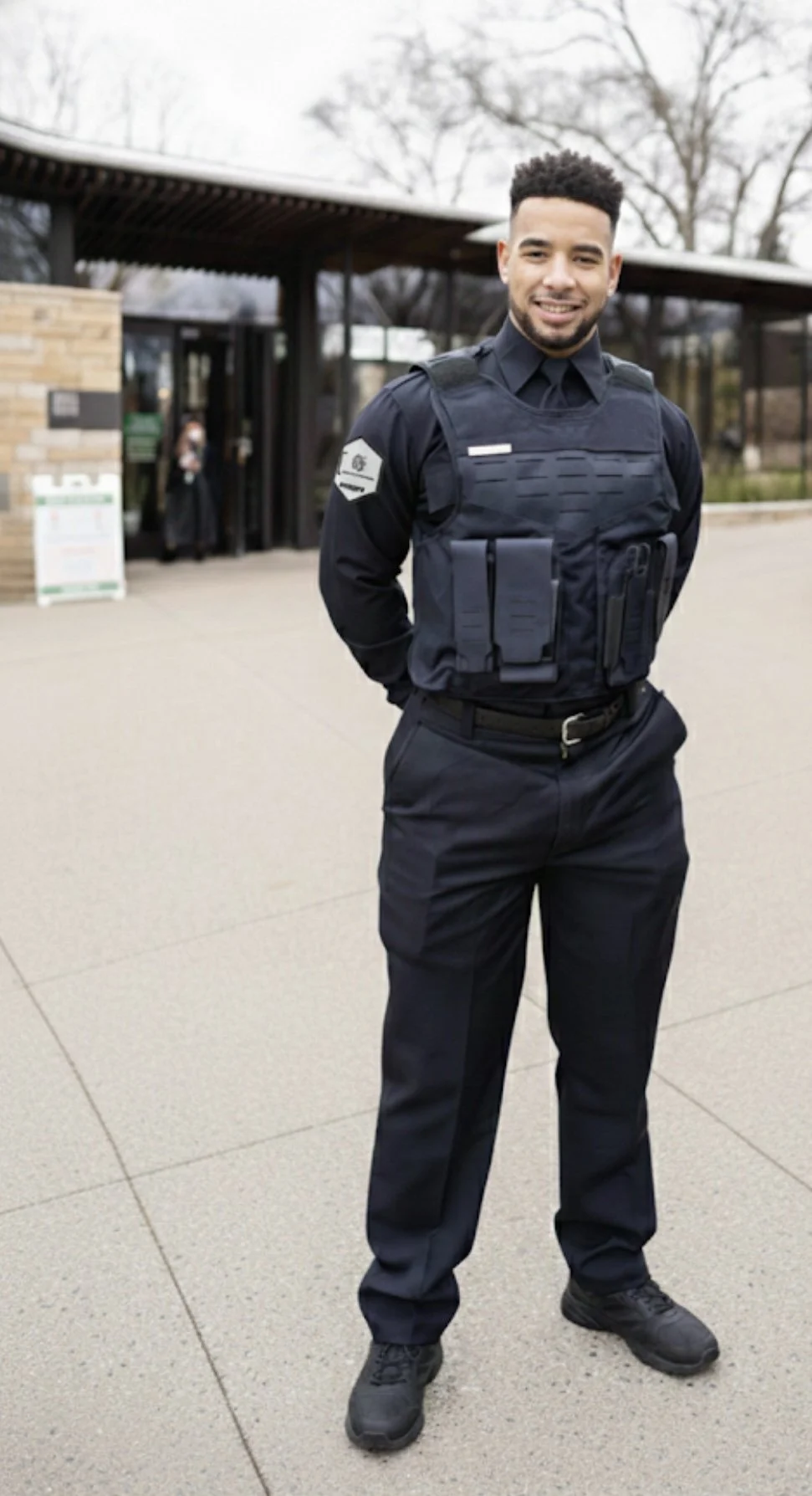 A male security officer in uniform standing outdoors in front of a building, smiling, with hands behind his back.