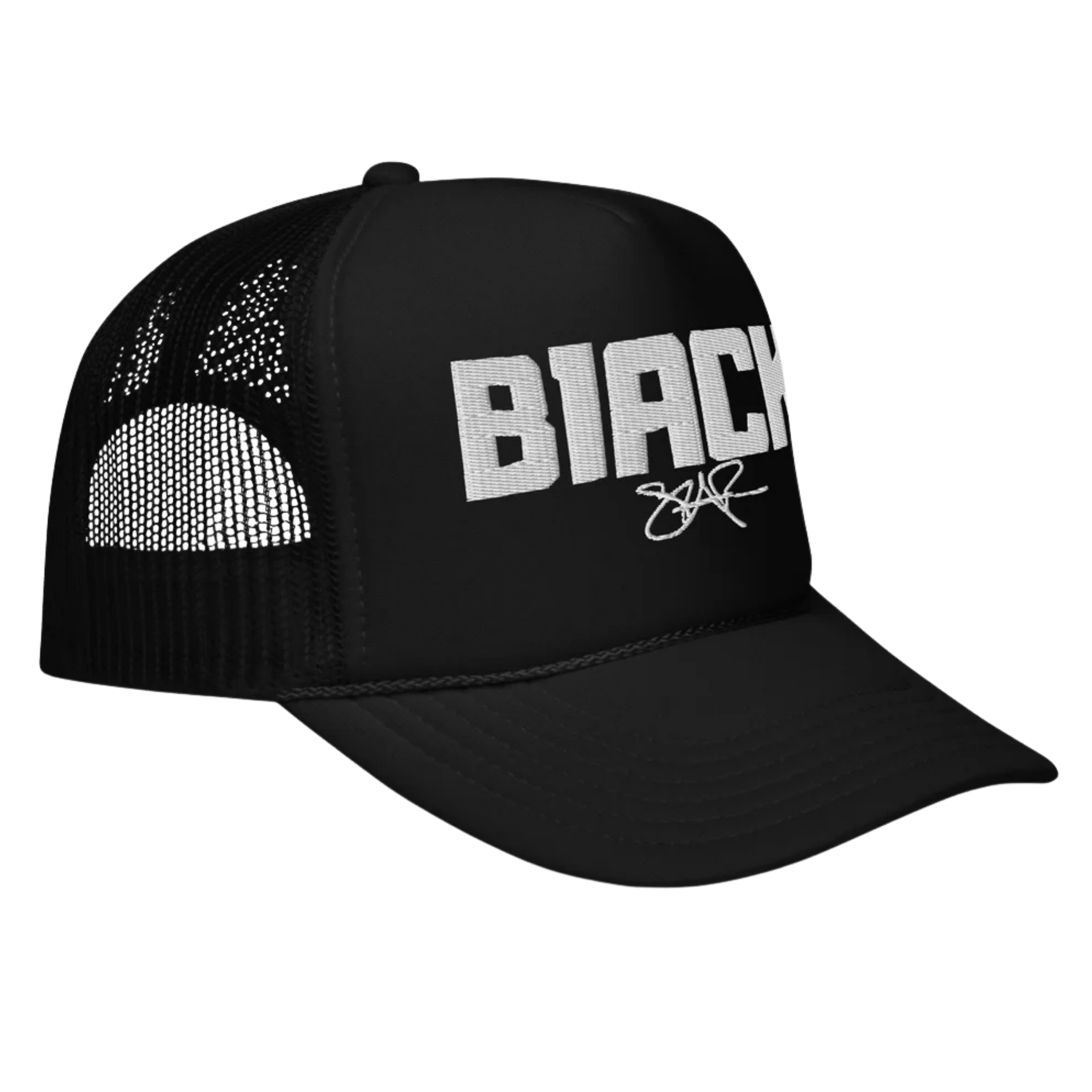 Black baseball cap with mesh back and white text that reads 'RAGE' on the front, hanging against a black background.