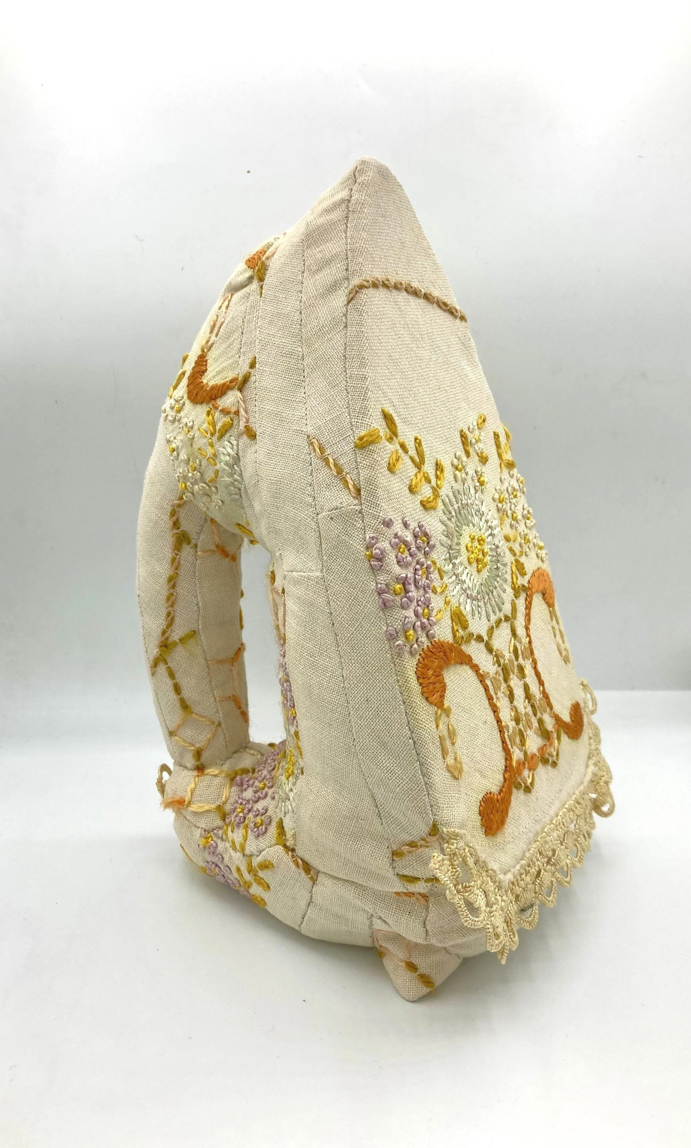 Iron (Tenement Series), 2025, reused textile, wood, 12" x 12" x 6"