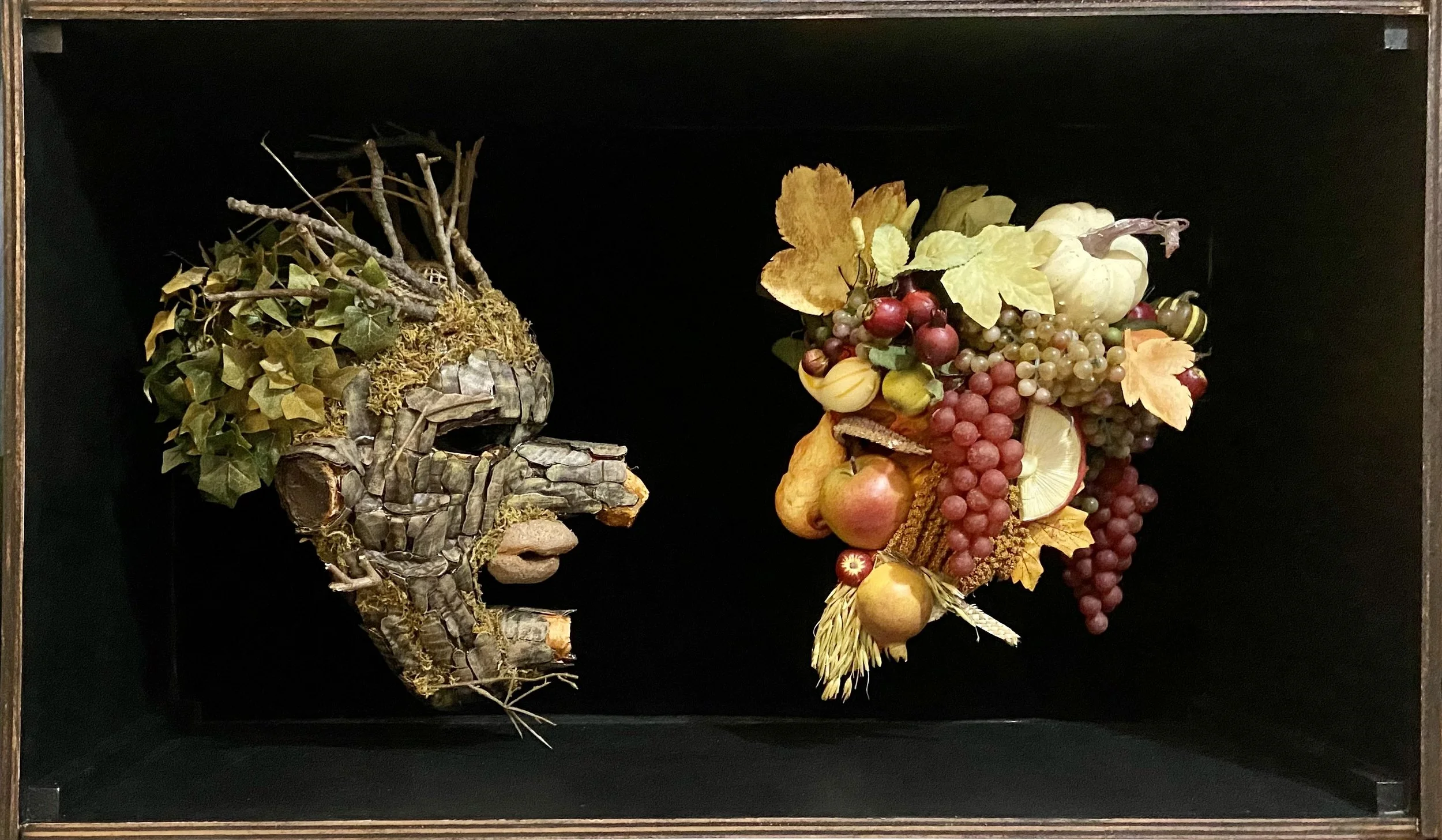 Fall and Winter, collaboration with Santiago Apolo, paint, paper, foam, clay, mixed media, 33" x 58" x 19"