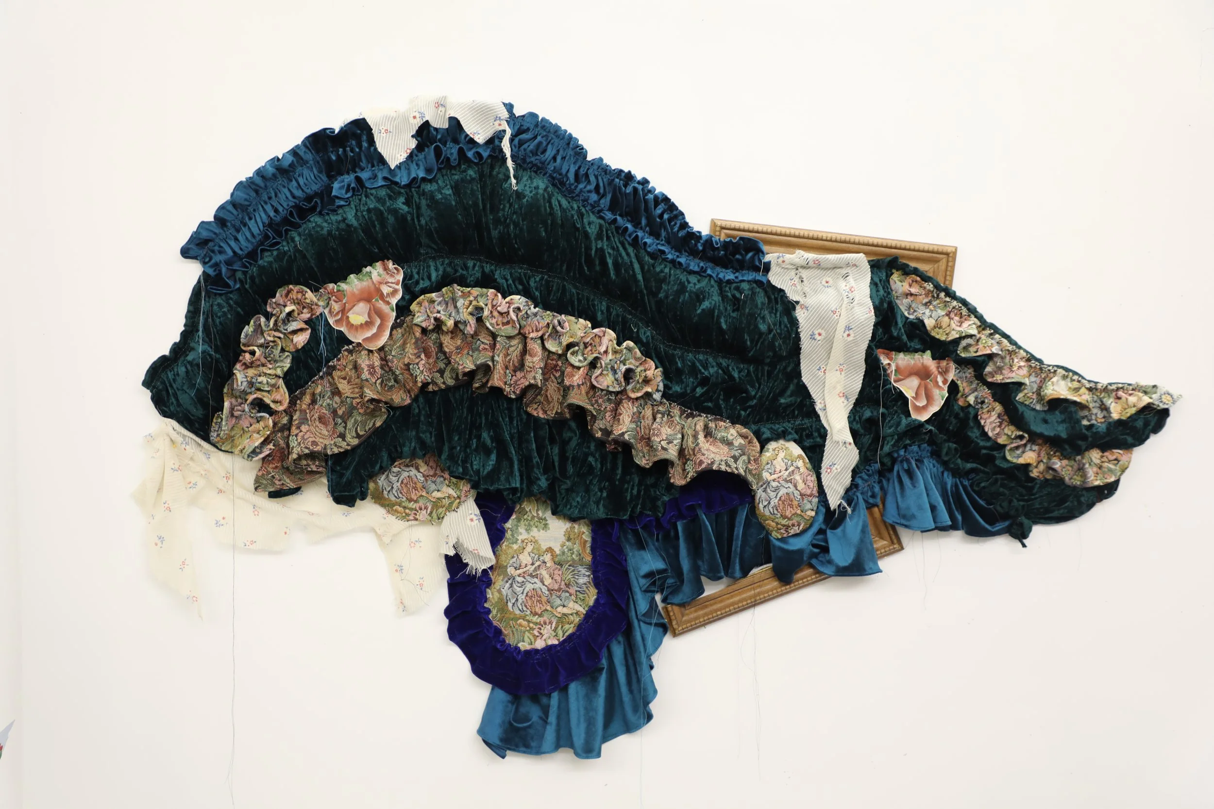 The Living Room, 2025, fiber, reused textile, reused wood, 36" x 48" x 4"