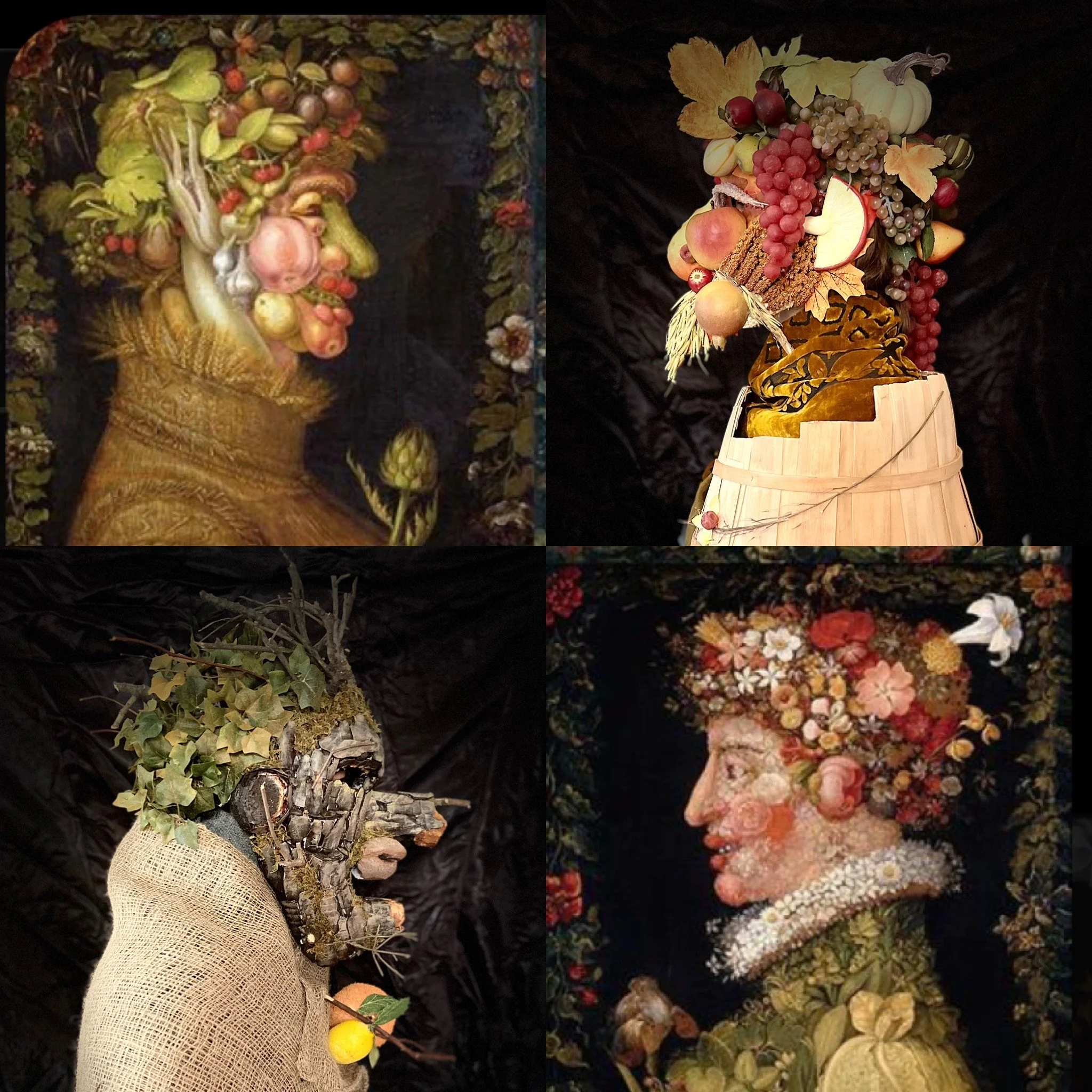 Fall and Winter masks (original fabrication) with Arcimboldo's Seasons