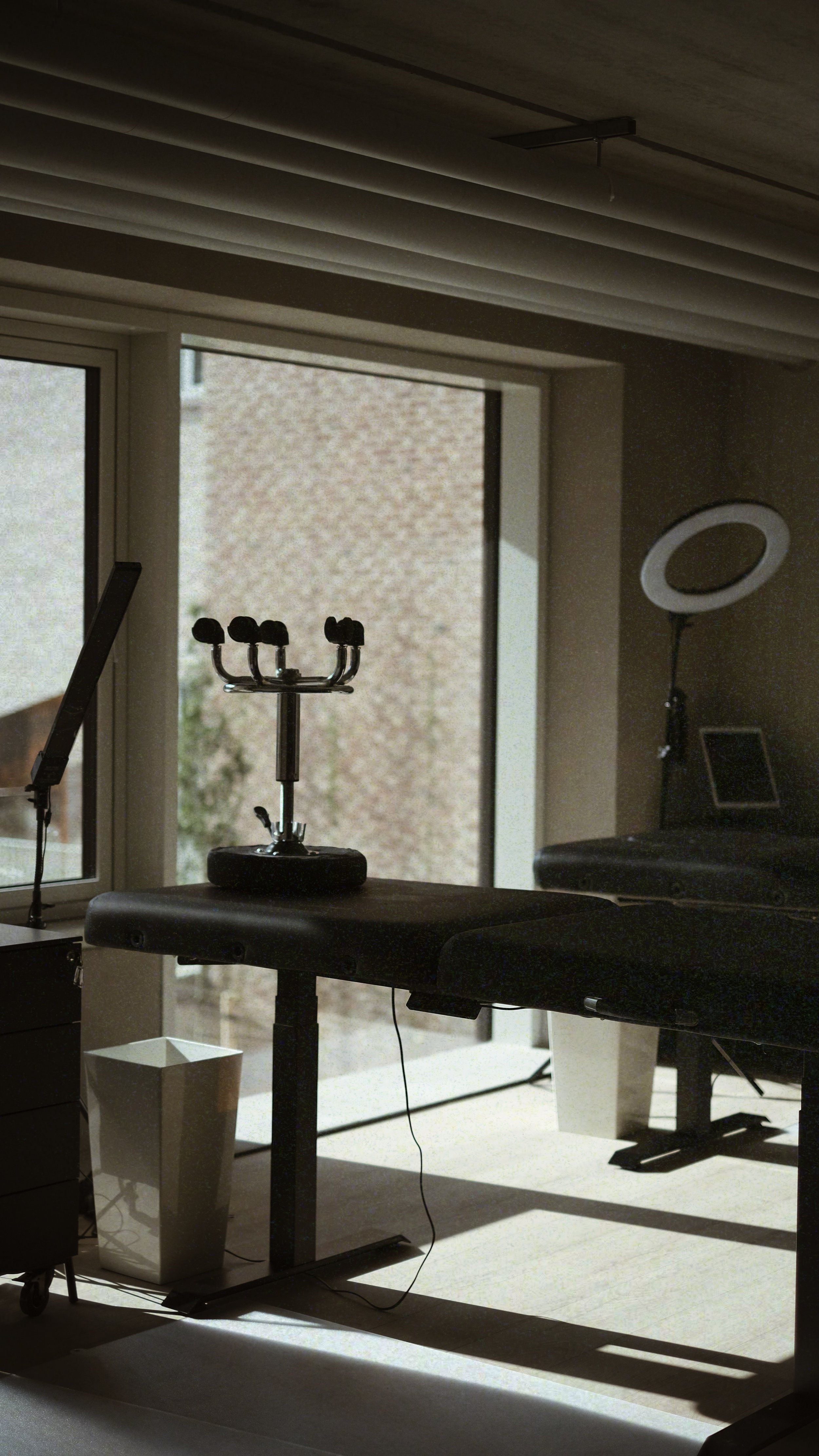 A medical or therapy room with a massage or examination table, a ring light, and a candelabra-style stand, with sunlight coming through a glass door and window.
