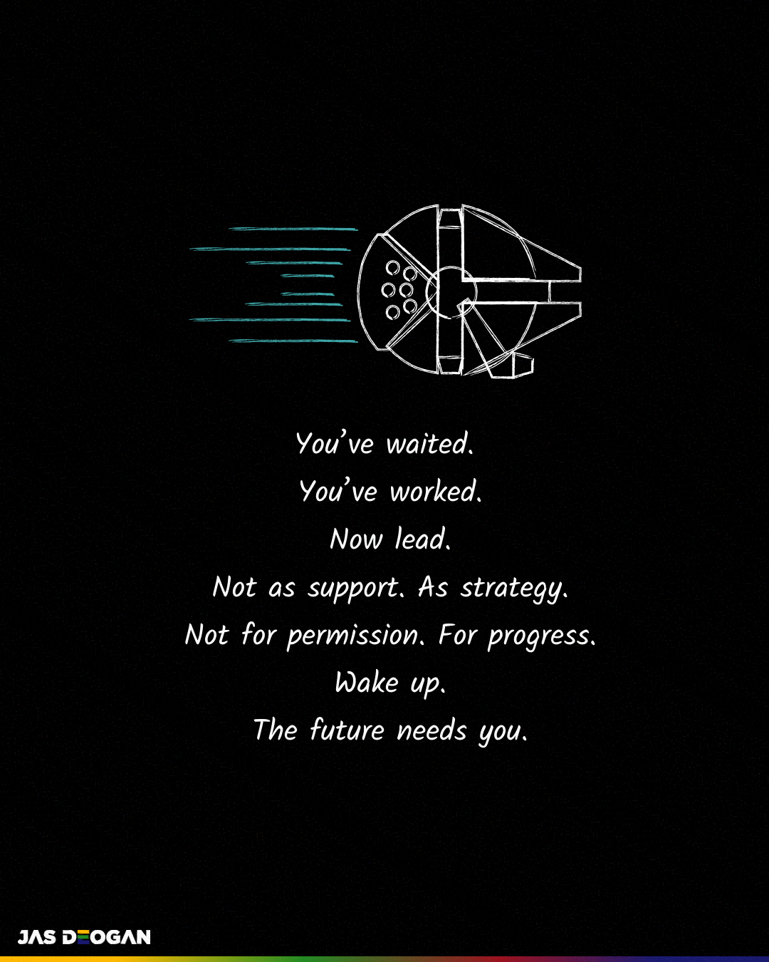 Illustration of the Millennium Falcon in motion with bold text urging content designers to wake up, lead with strategy, and shape the future.