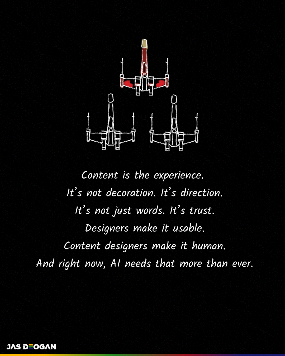 Illustration of three X-Wing ships with one highlighted in red. Text reads: “Content is the experience… Content designers make it human.”