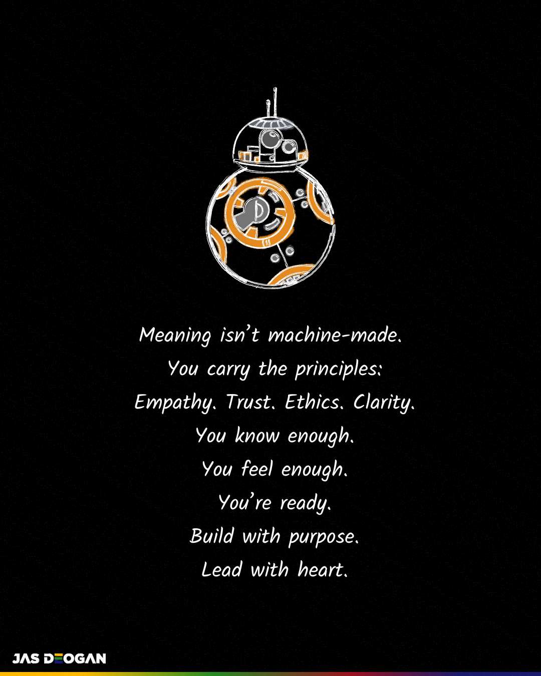 Illustration of BB-8 on a dark background with text about meaning, principles, empathy, trust, ethics, and building AI with purpose.