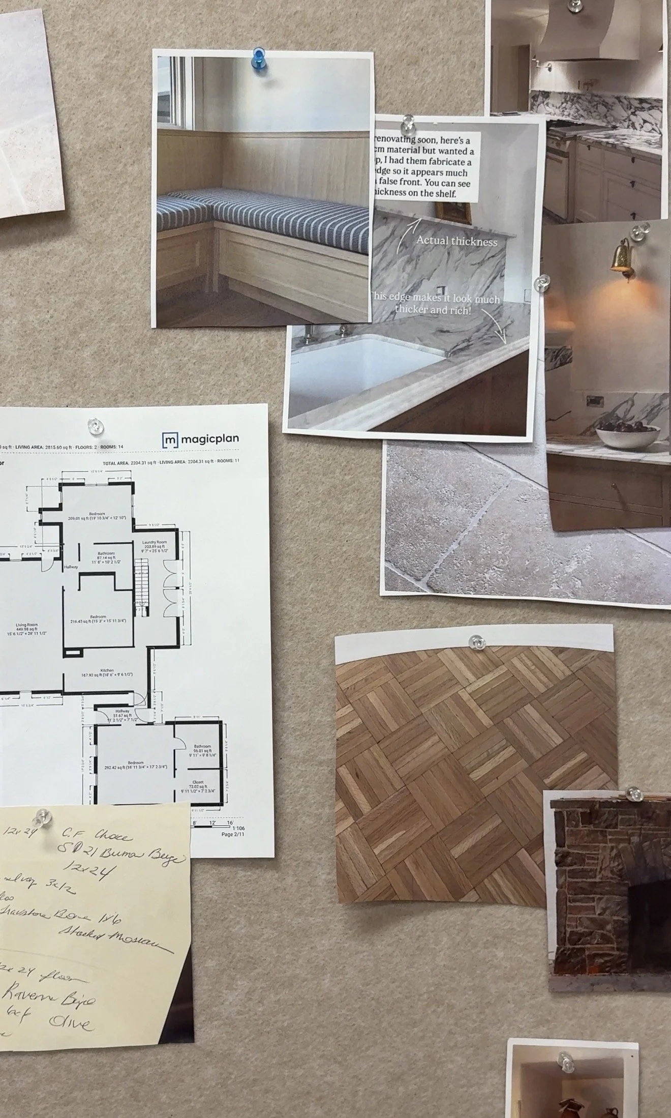 Photographs of interior design materials, including a photo of a built-in bench with striped cushions, a bathroom countertop with marble pattern, wood flooring samples, and a brick wall sample. Also includes a floor plan diagram and handwritten notes.