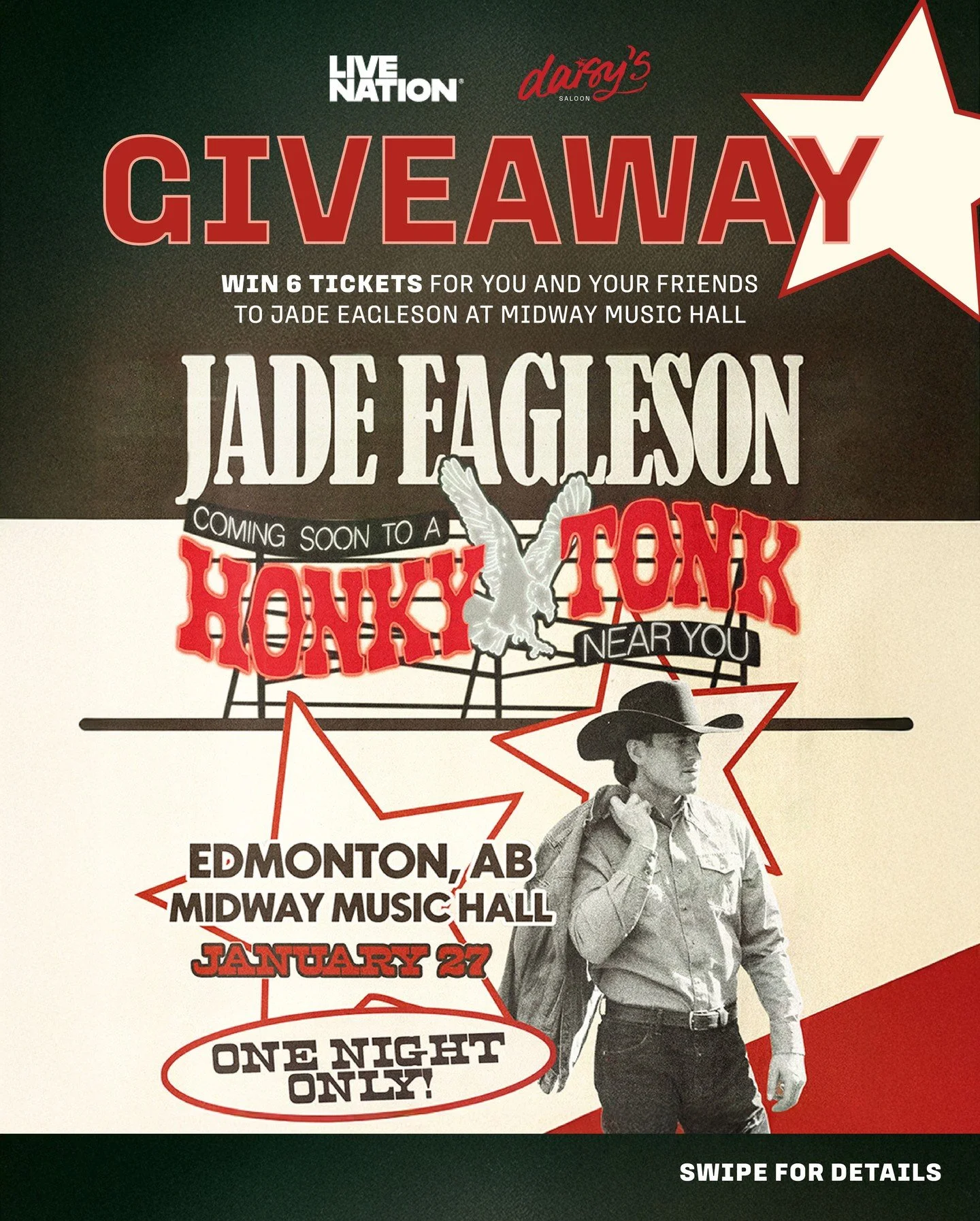 We&rsquo;re sendin&rsquo; one lucky crew side stage to see Jade Eagleson at Midway Music Hall. Win 6 tickets, VIP side stage seating, and a $100 Midway food &amp; beverage credit to keep the good times rollin&rsquo;.⁠
⁠
⁠
How to throw your name in th