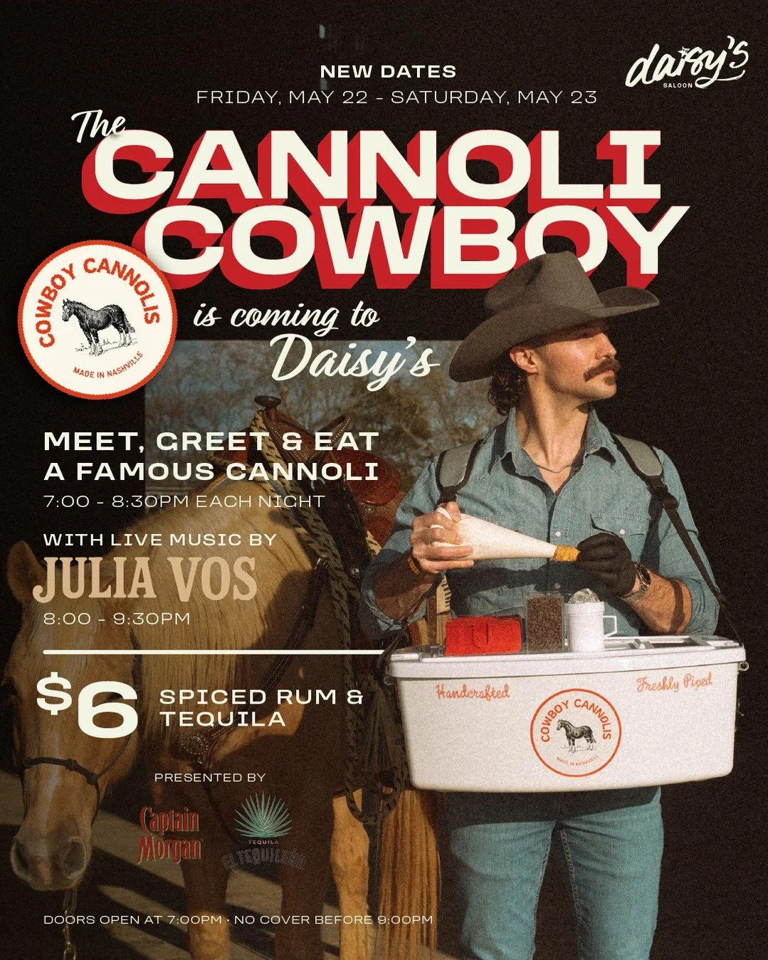 It may have been postponed&hellip; but this round&rsquo;s gonna be worth it 🤠🔥⁠
⁠
The Cannoli Cowboy is coming to Daisy&rsquo;s! Yes, the famous cannolis are riding in with him.⁠
⁠
Pull up early for your chance to Meet, Greet &amp; Eat from 7:00&nd