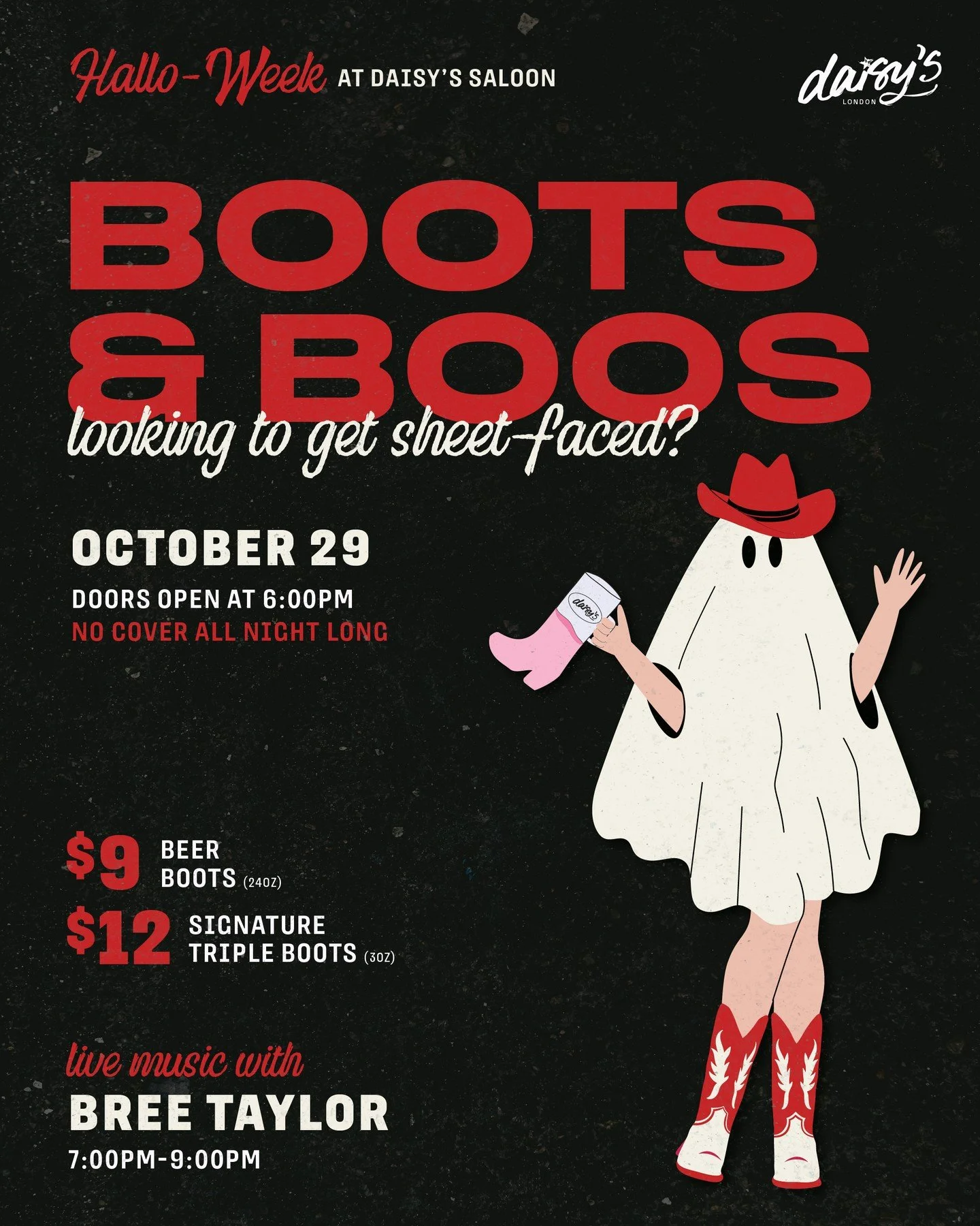 Hallow-Week Day 2: Boots &amp; Boos 👢👻⁠
⁠
The Halloween celebrations keep rolling on Thursday, October 29th with live tunes, boot deals, and free cover all night. Looking to get sheet-faced? We&rsquo;ve got you covered. 😉⁠
⁠
🗓️ Thursday, Oct 29 |
