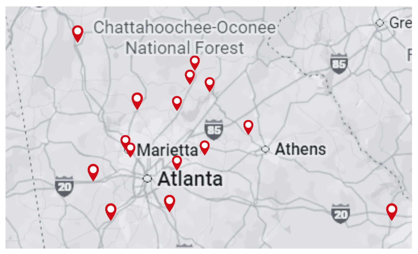 Map showing locations marked with red pins in the Atlanta metropolitan area, including Marietta, Athens, and locations within Chattahoochee-Oconee National Forest, and near major highways I-85 and I-20.