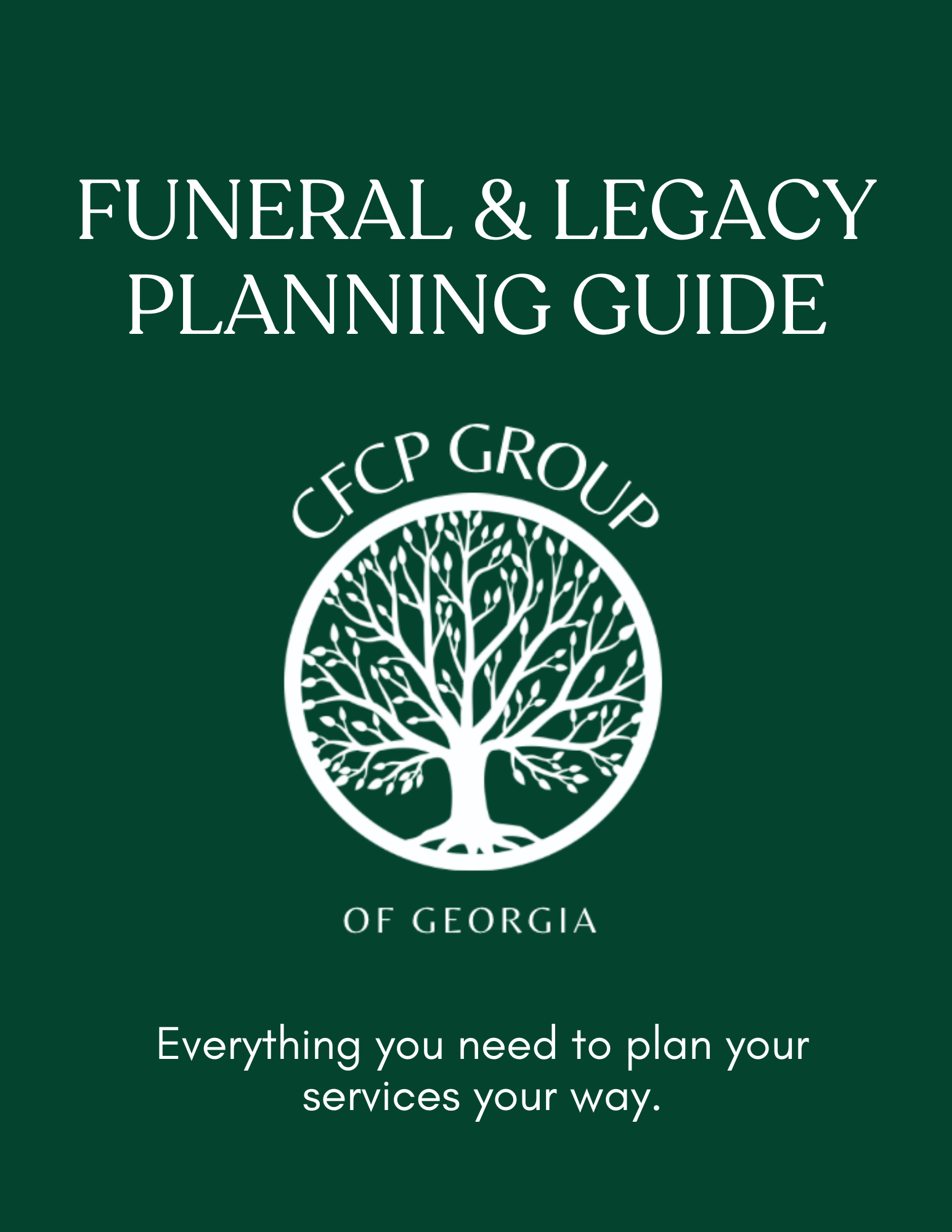 Cover of a funeral and legacy planning guide with a white tree logo on a dark green background and the text "FAMILY OF GEORGIA" and "Everything you need to plan your services your way."