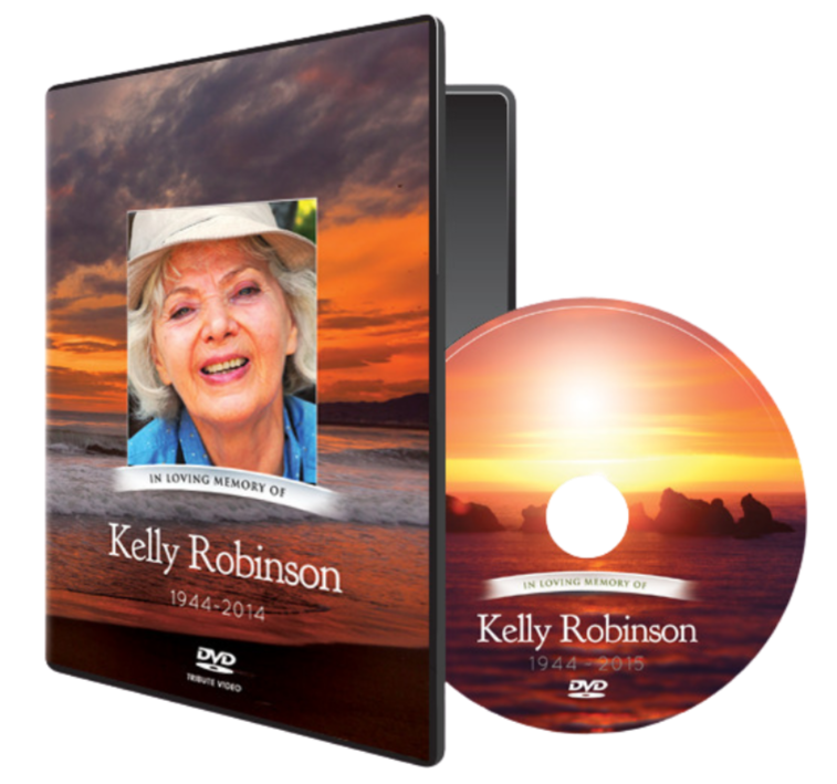 DVD case and disc with sunset over ocean, memorial for Kelly Robinson (1944-2014)