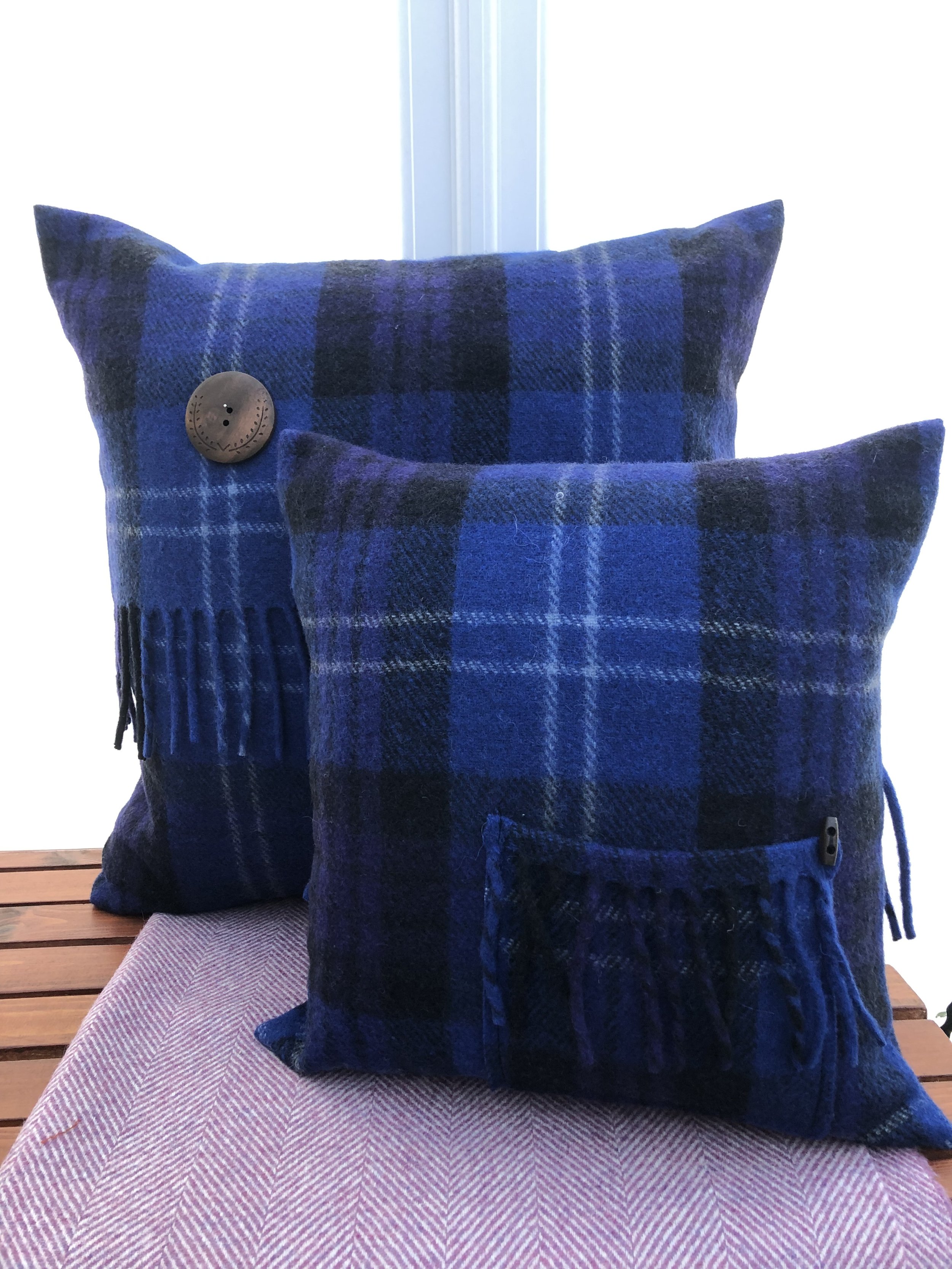 Blue check blanket cushions