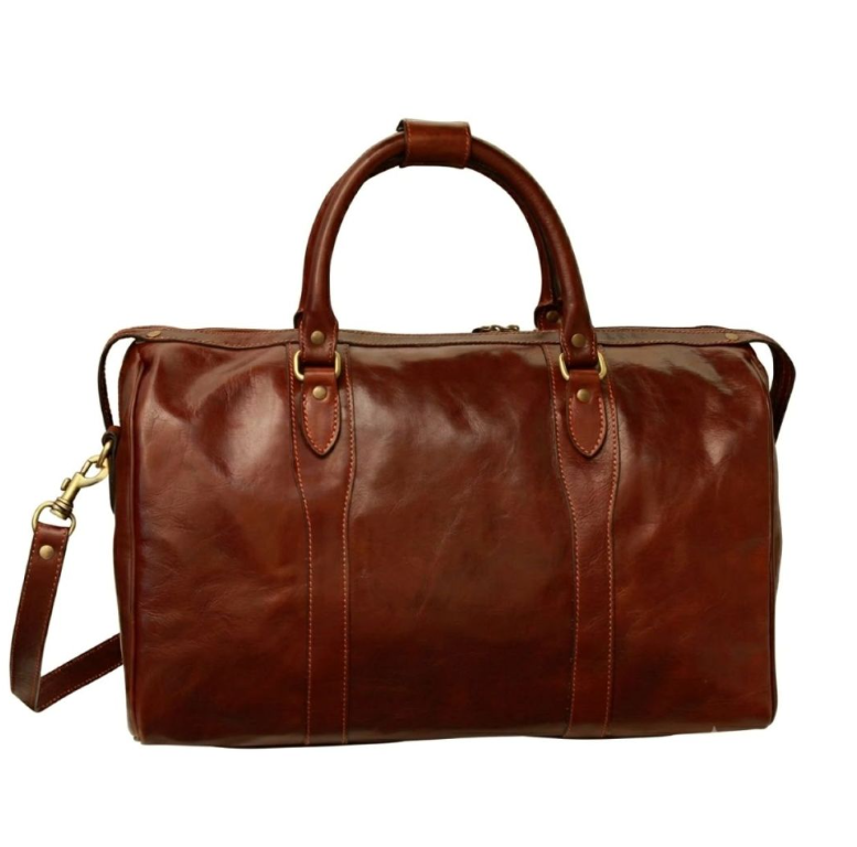 Full Grain Leather Travel Bag with Trolley Zip - Brown