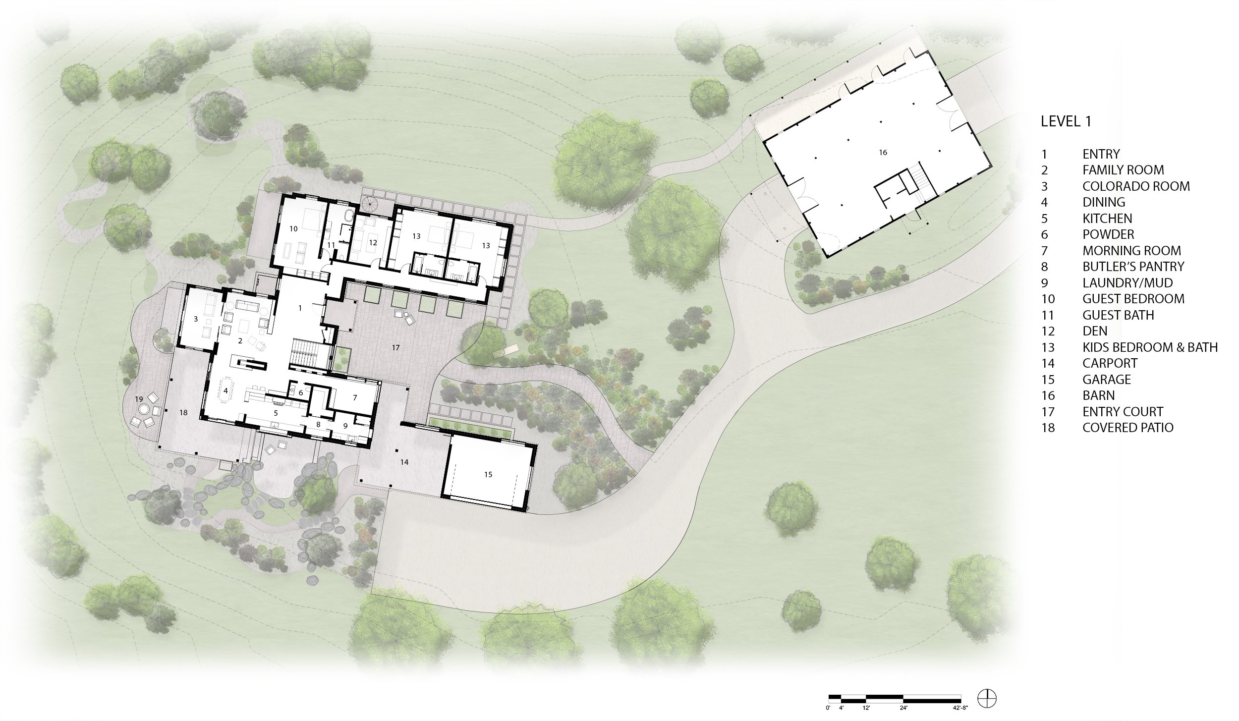 Detailed site plan for Eagles Crossing, including house layout, patios, landscaping, and labeled interior and exterior spaces.