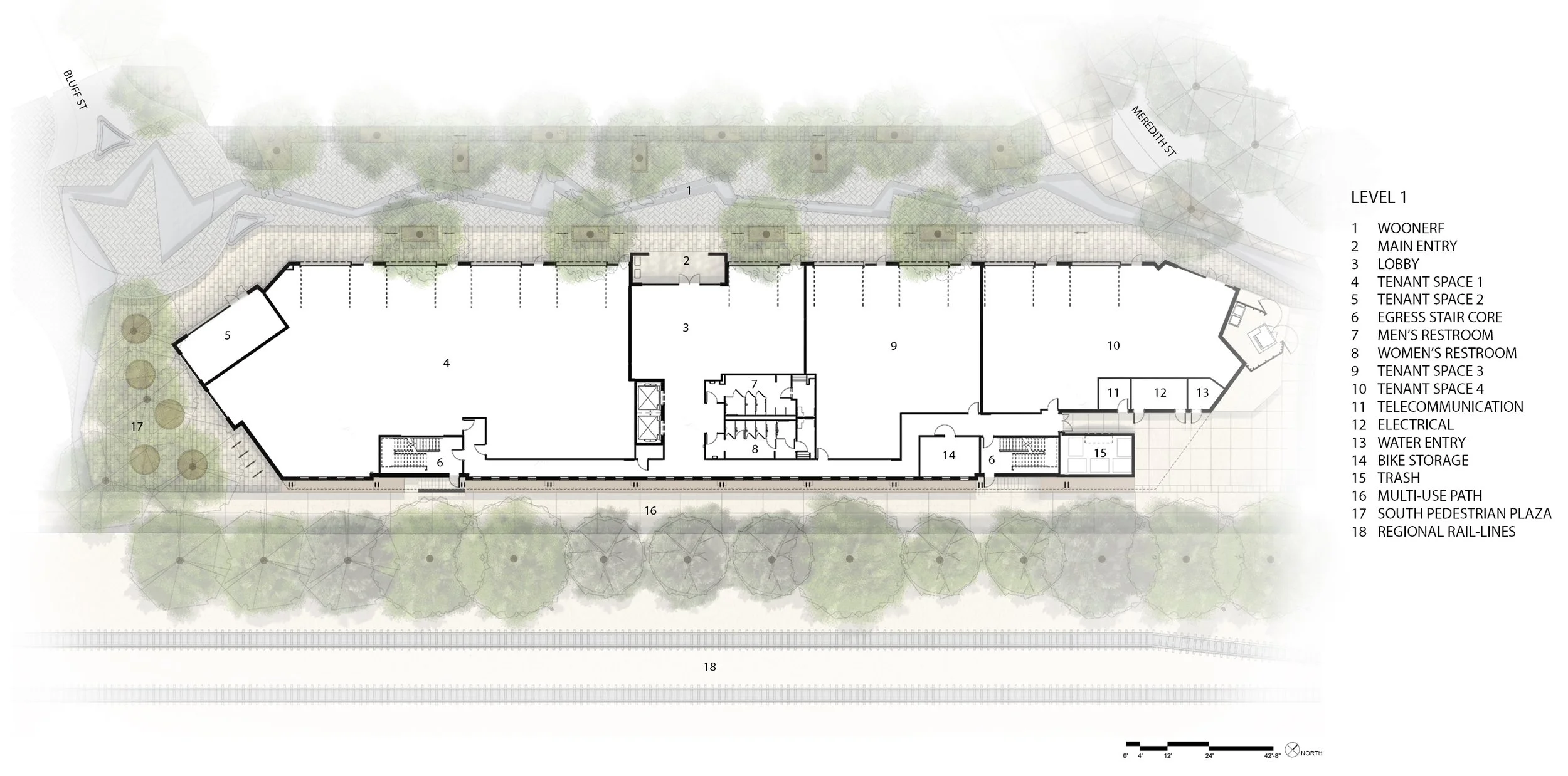 Architectural plan view of S’PARK Railyards in Boulder, CO showing layout of retail, office, and restaurant spaces. Designed by Sopher Sparn