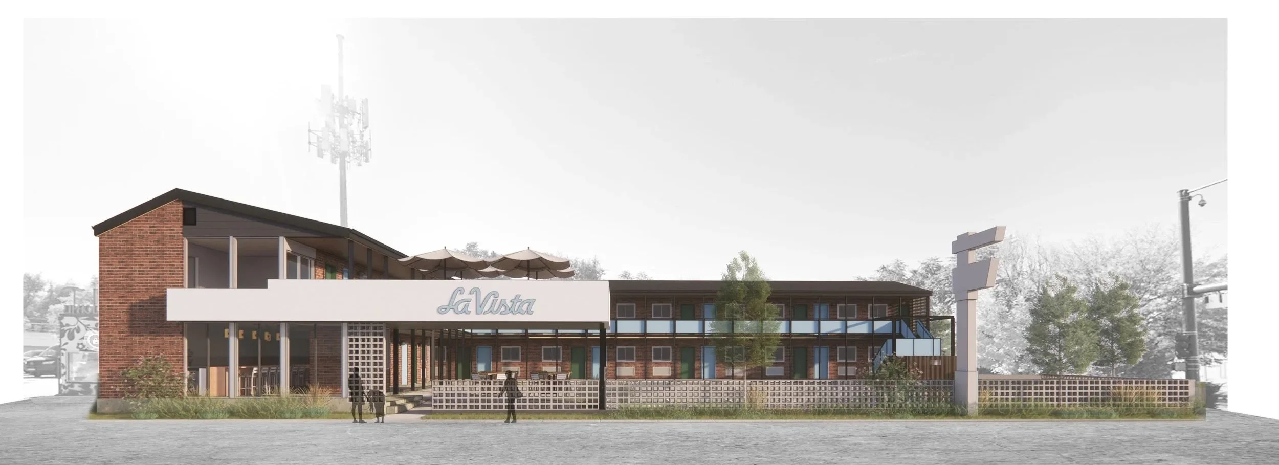 Sopher Sparn Architects architectural rendering of La Vista Motel in Denver, CO highlighting the updated mid-century modern design, outdoor seating areas, and surrounding landscape.