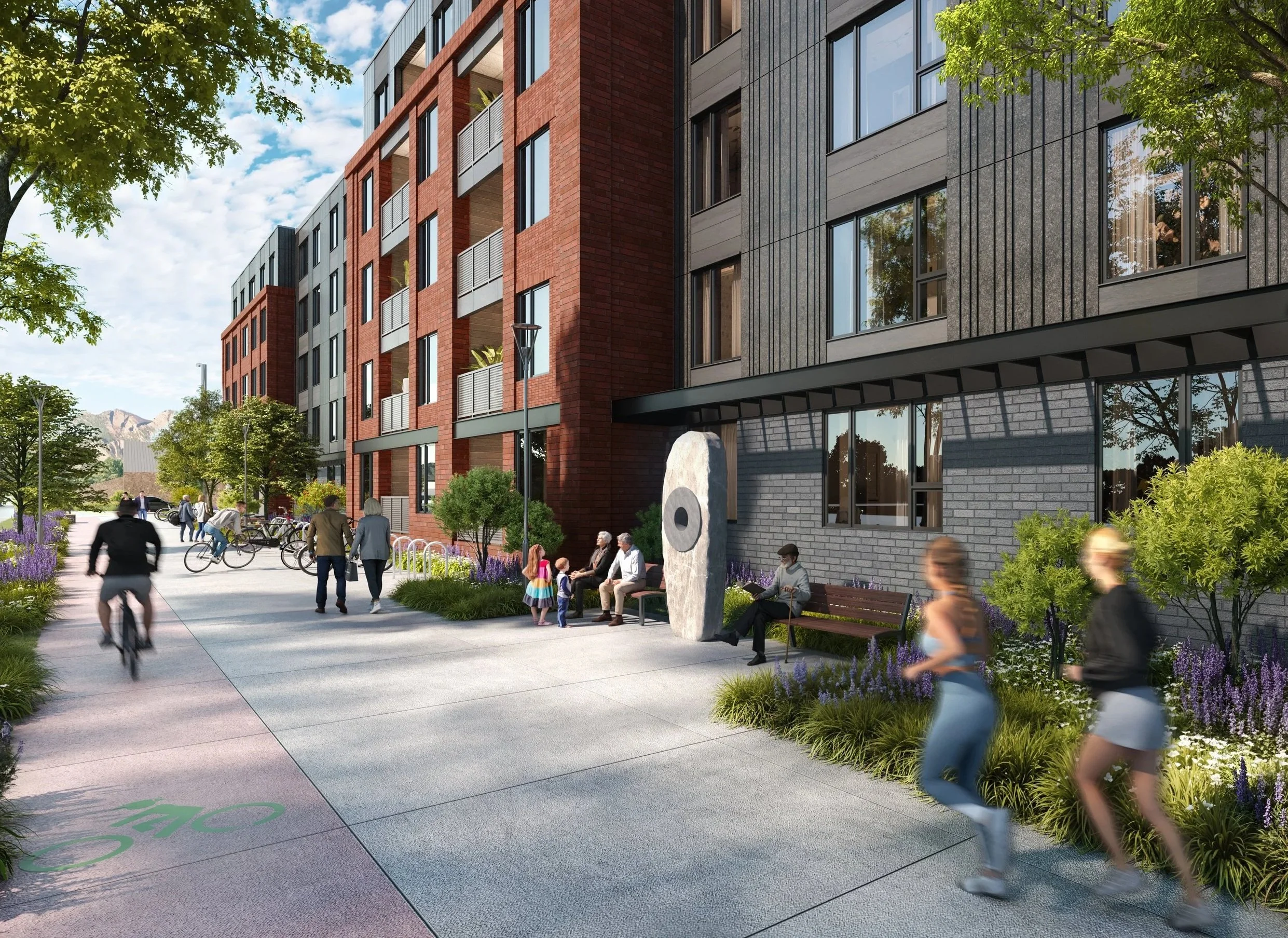 Rendering of The Flatiron in Boulder, CO showing the building entrance, landscaped areas, and active pedestrian spaces connecting the mixed-use development to the neighborhood.