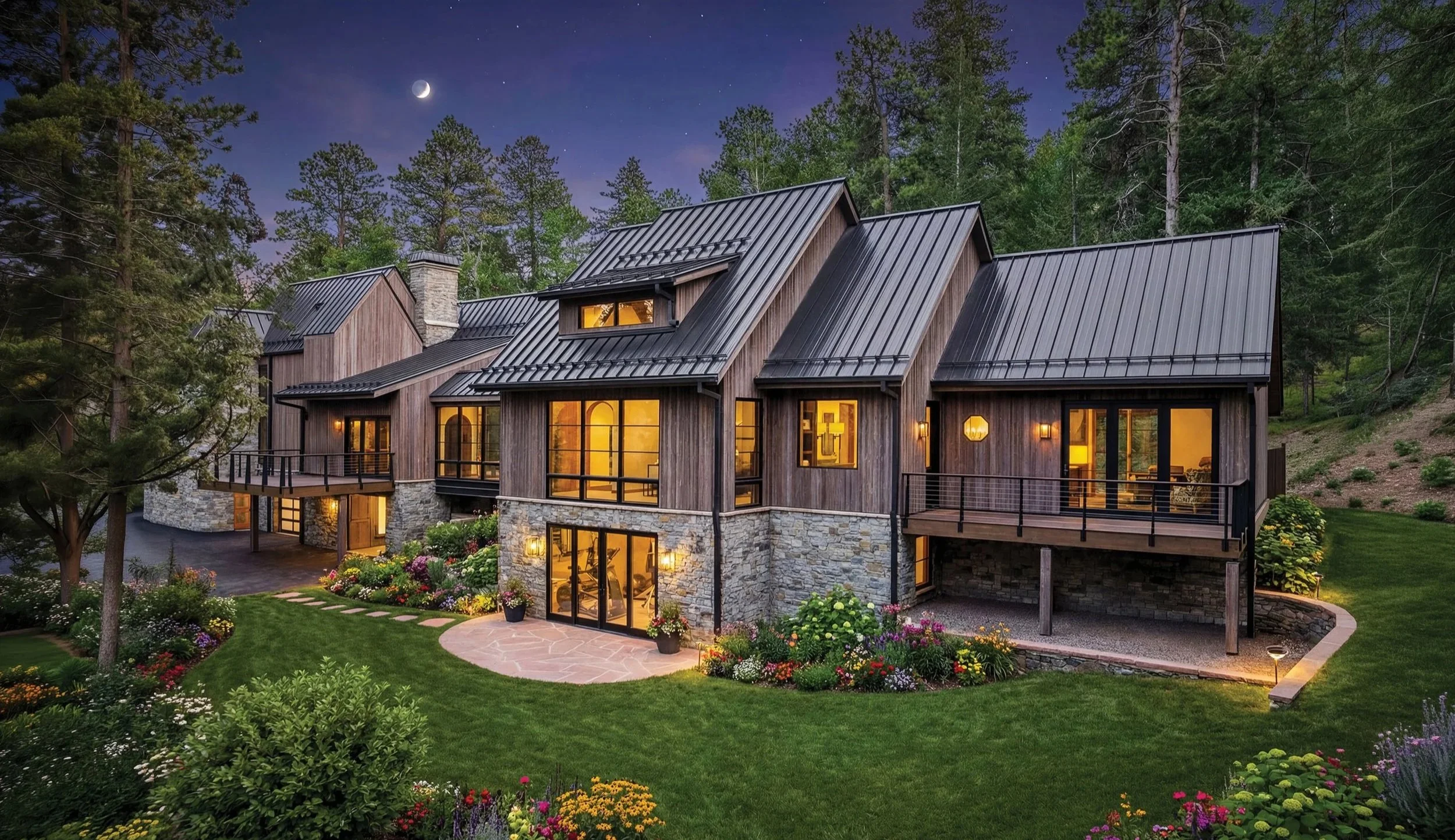 Cedar & Stone residence in Jefferson County, Colorado, featuring cedar siding, stone base, metal roof forms, and terraces set within a forested mountain landscape.
 – Designed by Sopher Sparn Architects LLC
