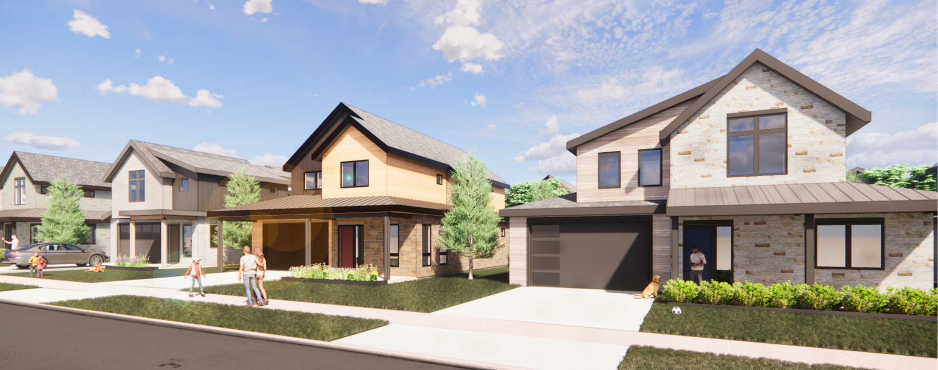 Rendering of Violla Neighborhood in Boulder, Colorado showing a new homes community with modern two-story houses and pedestrian-friendly streets.
-Designed by Sopher Sparn Architects
