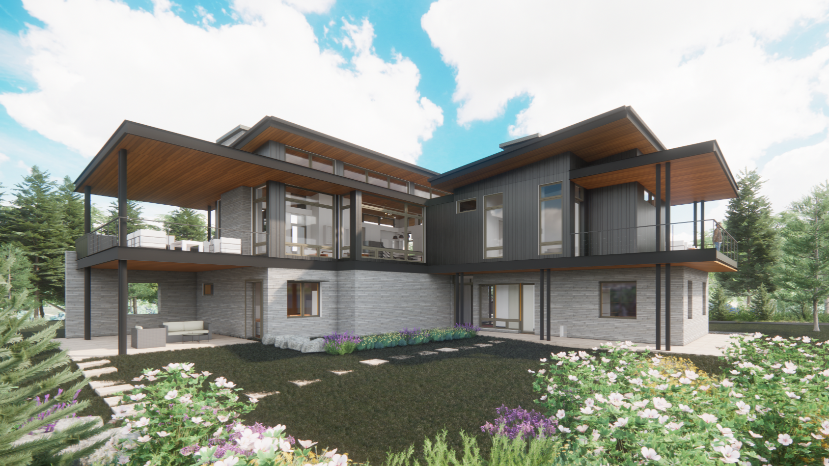 Rendering of Tranquil Horizon, a modern custom home in Boulder County, Colorado designed to capture views of the Front Range and Flatirons.
-Designed by Sopher Sparn Architects