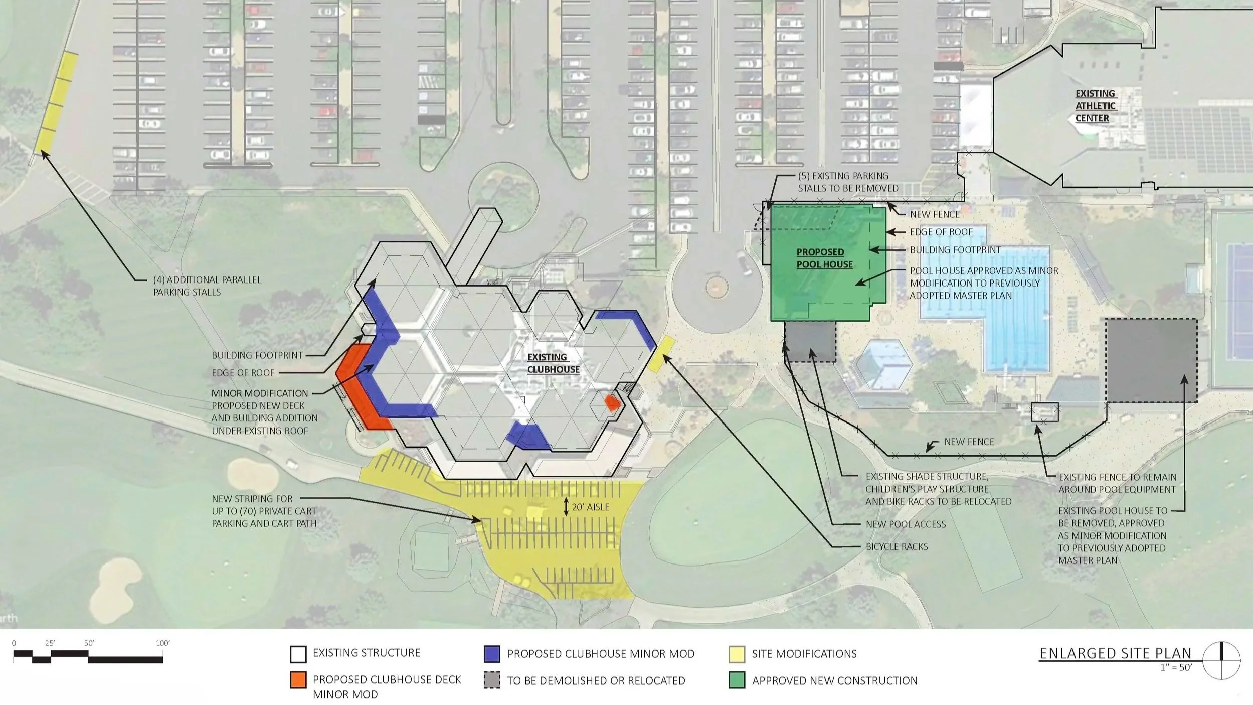 Boulder Country Club Master Plan site plan rendering showing the existing clubhouse, proposed pool house, outdoor deck, parking areas, and site modifications in Boulder County, CO.