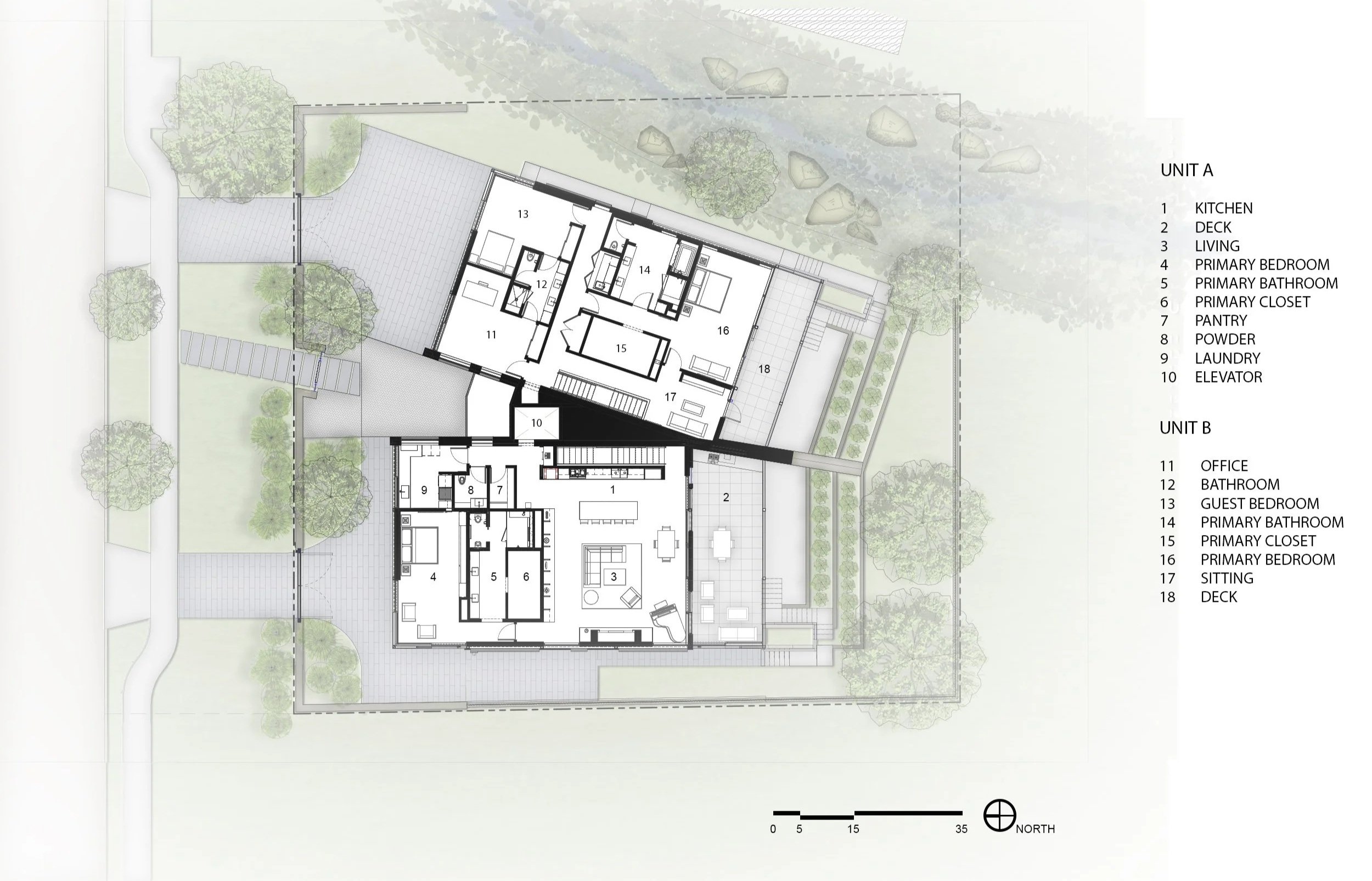 Architectural floor plan of the Gemini duplex in Boulder, Colorado, showing Unit A and Unit B with interior rooms and landscaped outdoor areas.