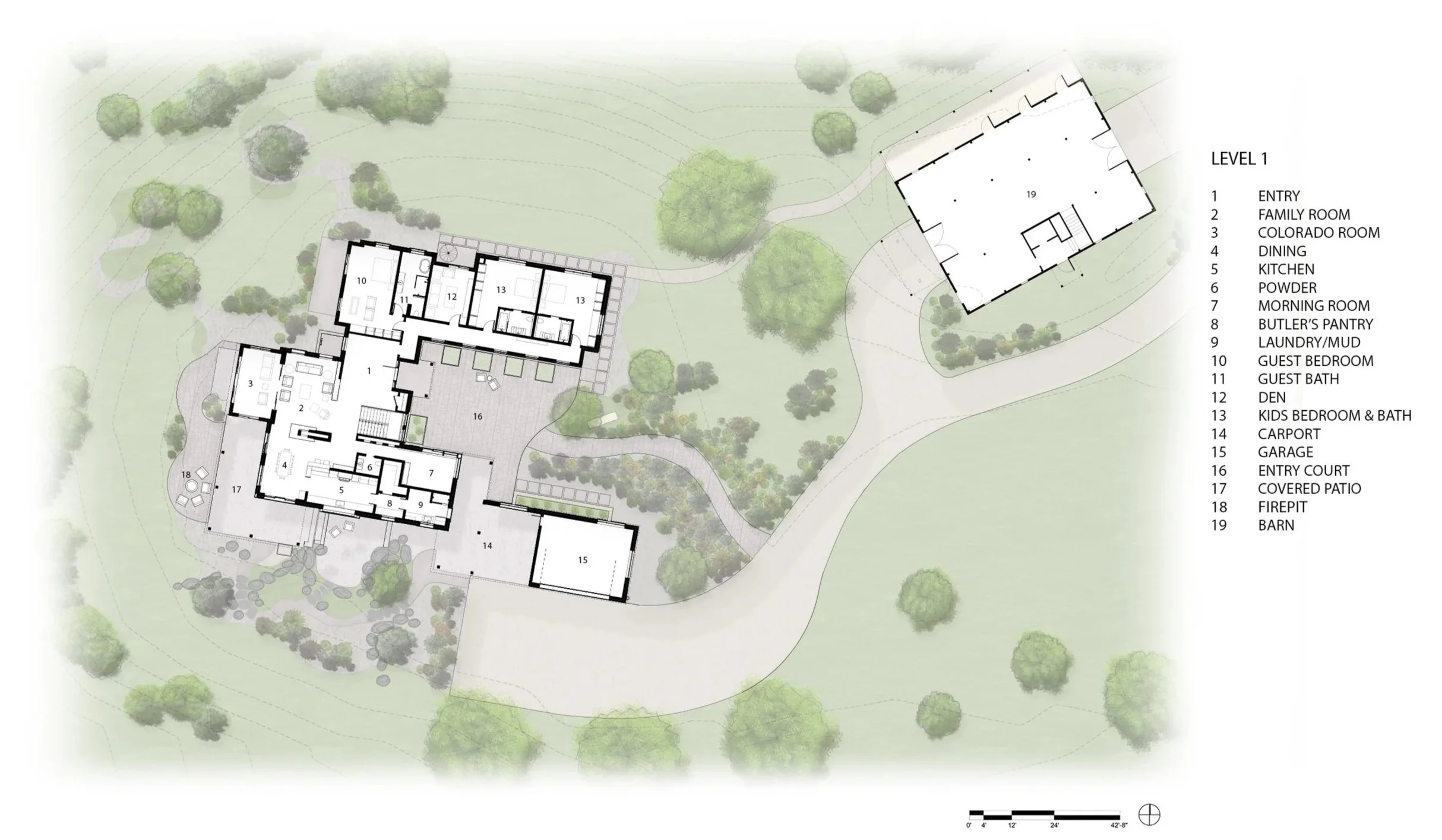 Detailed site plan for Eagles Crossing, including house layout, patios, landscaping, and labeled interior and exterior spaces. Designed by Sopher Sparn