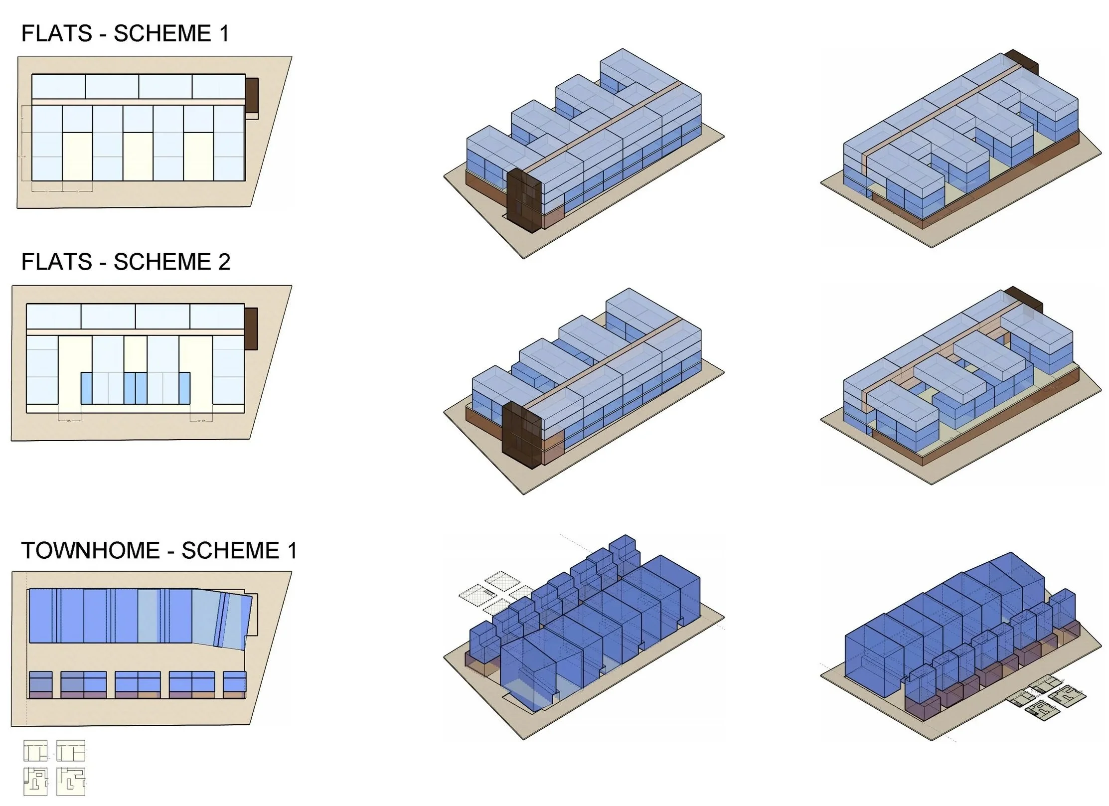 Top-down schematic rendering of multi-family flats showing unit layout, circulation, and building footprint for feasibility study by Sopher Sparn Architects in Boulder, CO.