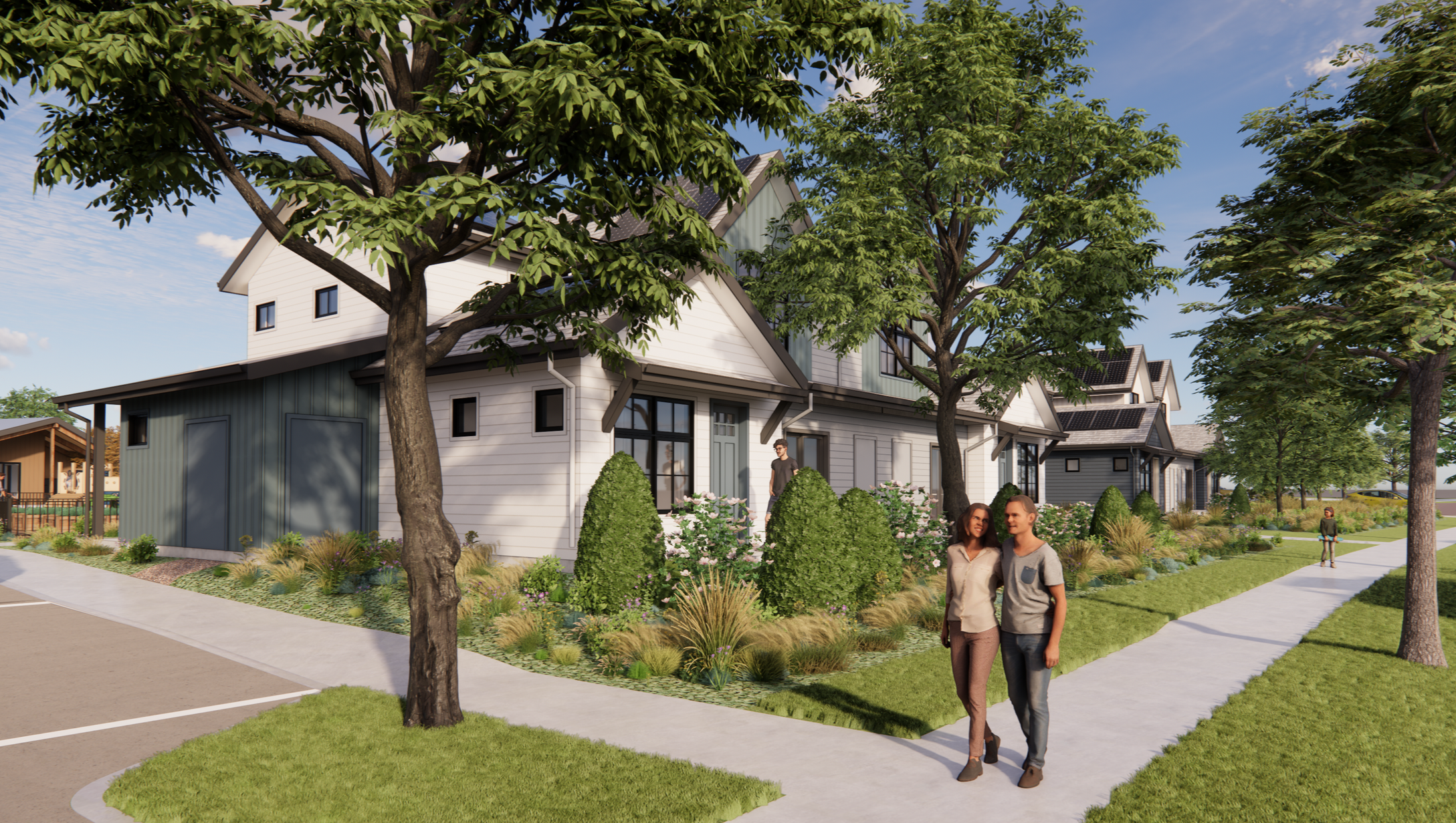 Rendering of The Grove affordable housing community in Boulder, Colorado featuring attached homes along a tree-lined residential street.
-Designed by Sopher Sparn Architects