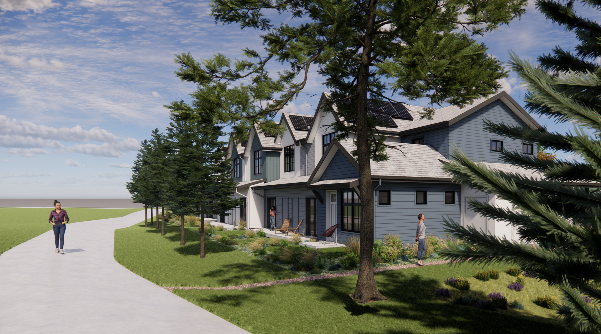 Rendering of The Grove attached homes in Boulder, Colorado featuring modern residential buildings and tree-lined streets.