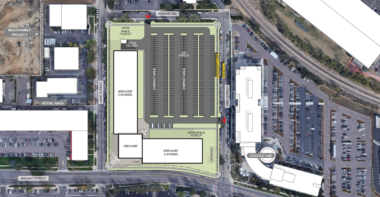 Top-down site plan showing building layouts, parking, and surrounding streets for a Boulder development project.