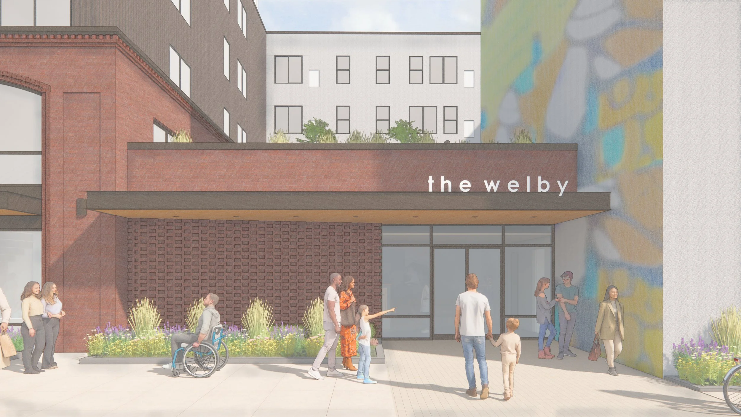 Rendering of The Welby mixed-use affordable housing development entrance with street-level retail in the Welby neighborhood near Denver, Colorado.