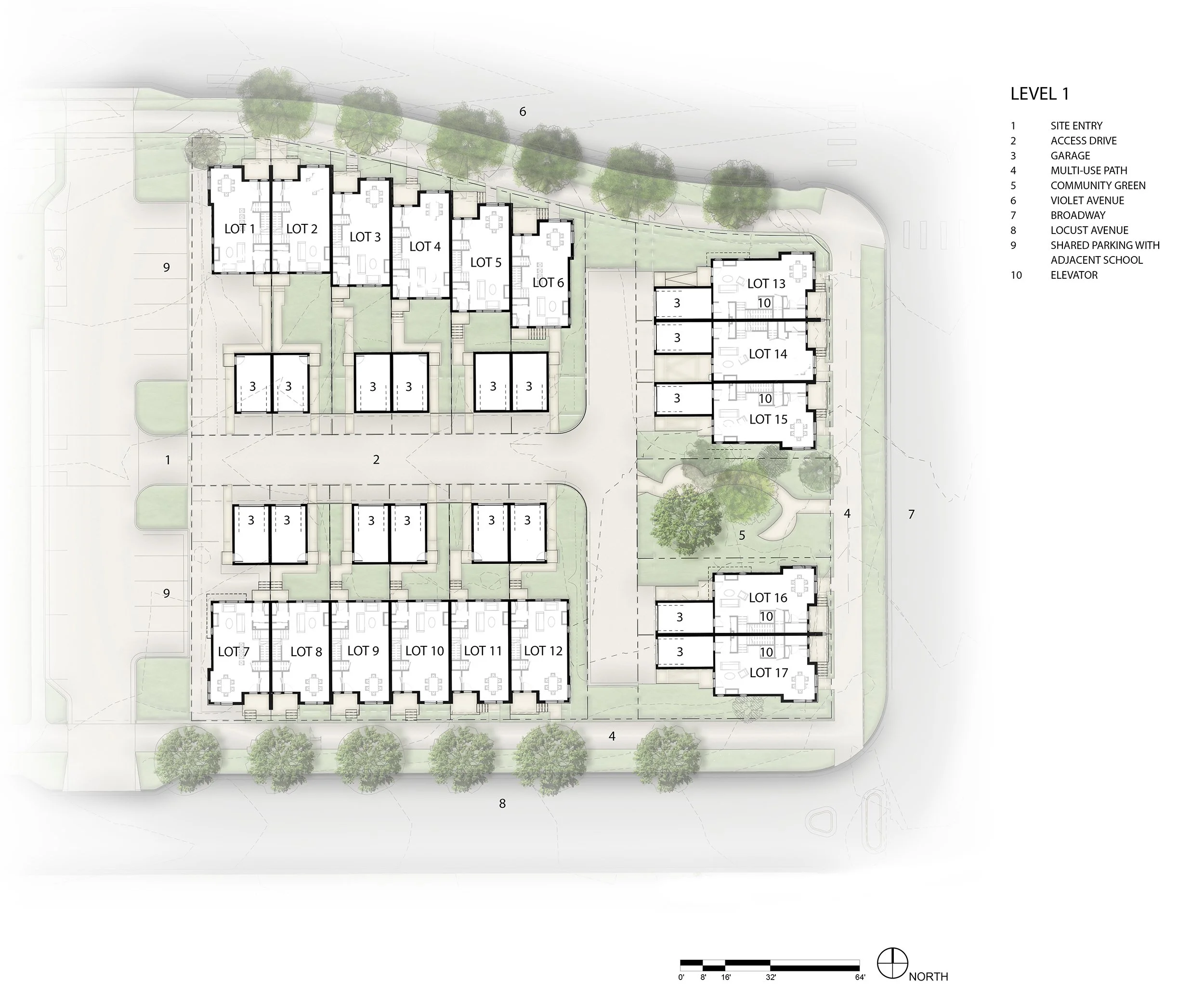 Site plan of Violla Townhomes residential development in Boulder, Colorado showing the layout of townhomes, courtyards, and pedestrian connections.