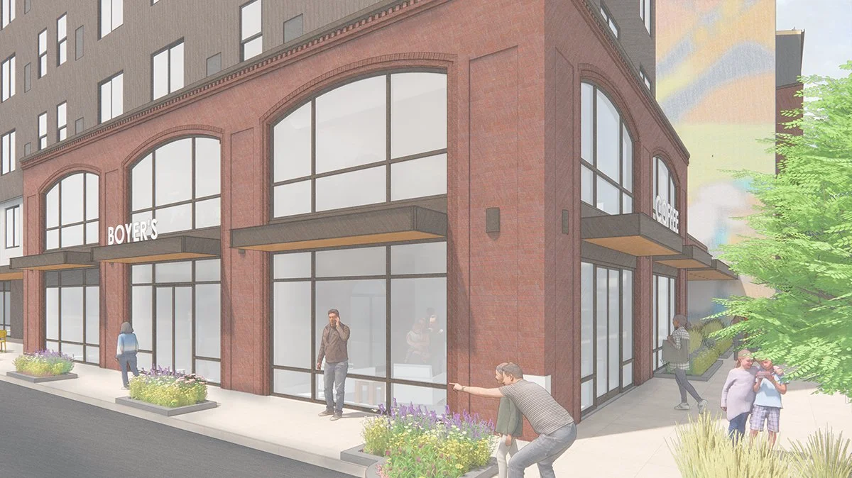 Street corner rendering of The Welby mixed-use affordable housing development featuring Boyers Coffee retail space in the Welby neighborhood near Denver, Colorado.