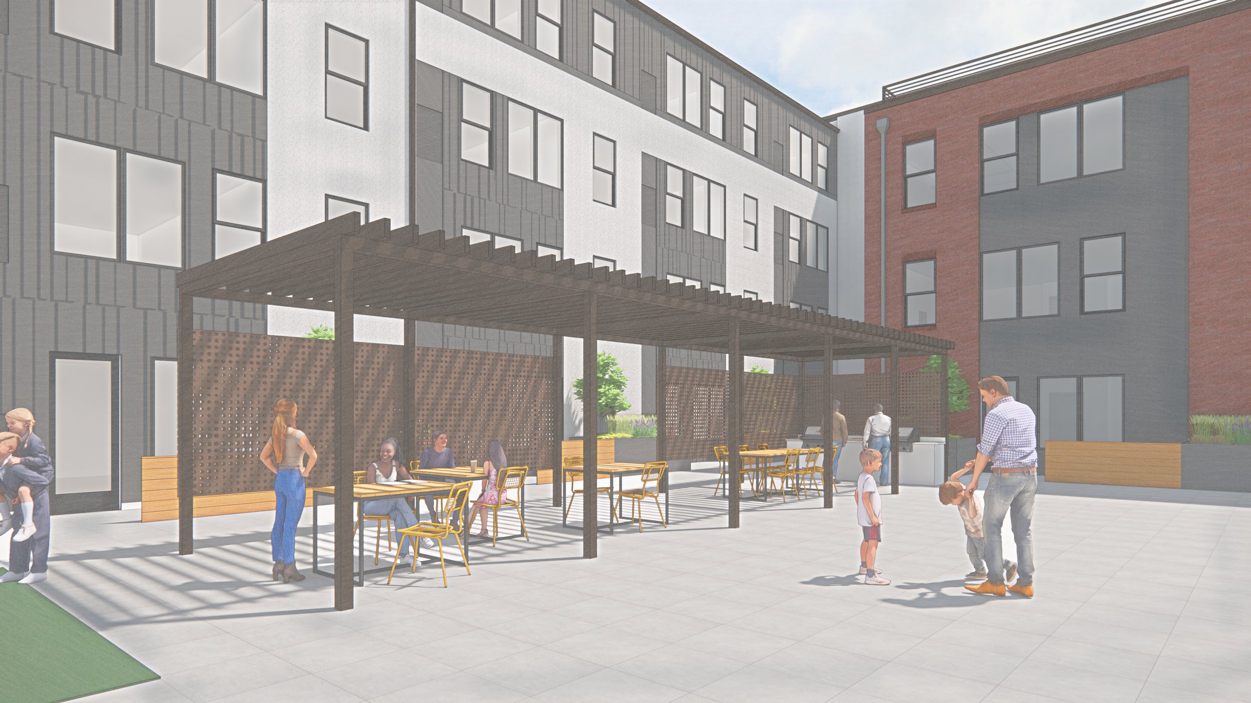 Rendering of The Welby mixed-use development courtyard with outdoor seating and community gathering spaces in the Welby neighborhood near Denver.