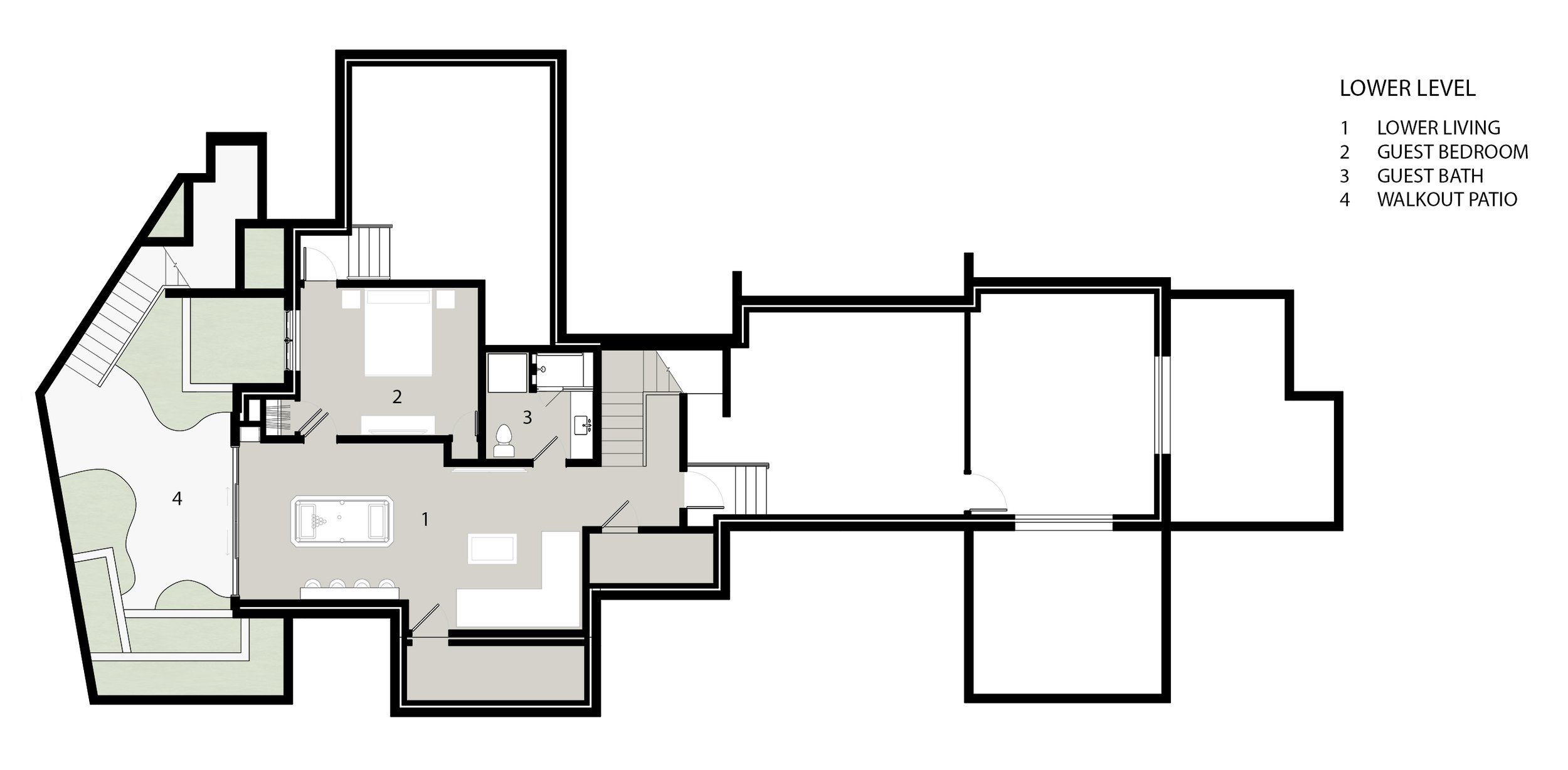 Lower level floor plan of Gem House modern custom home in Boulder County, Colorado featuring contemporary architecture and landscaped setting.