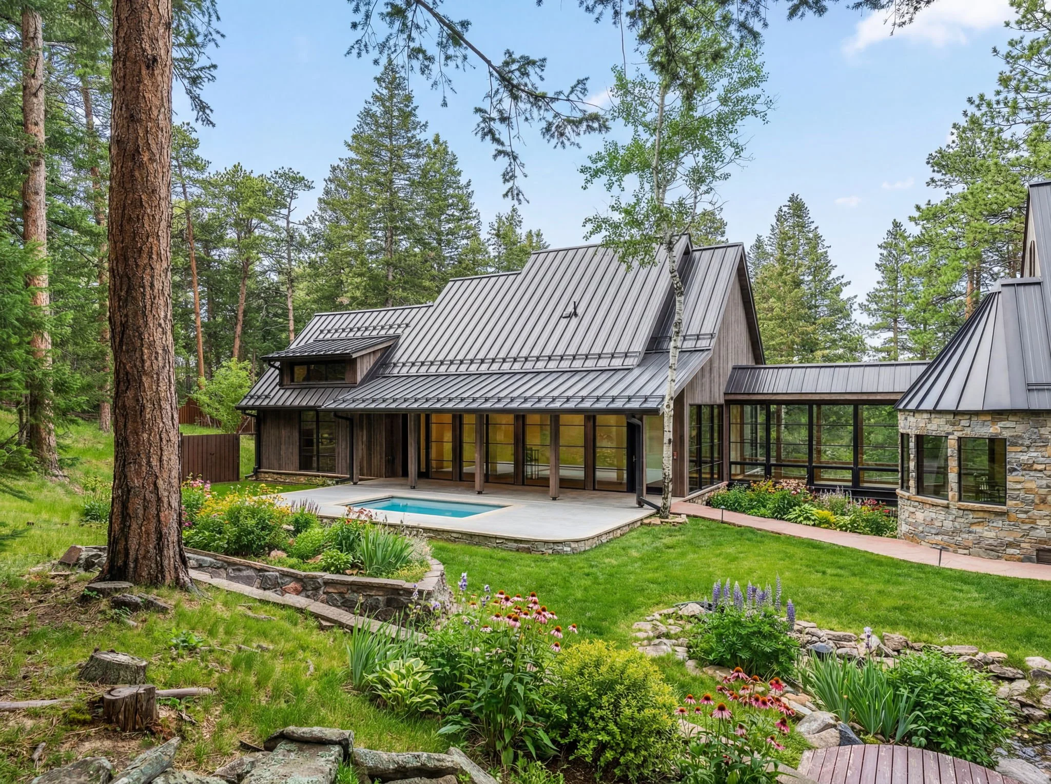 Cedar & Stone residence in Jefferson County, Colorado, featuring cedar siding, metal roof, landscaped garden, and small pool in forest setting.