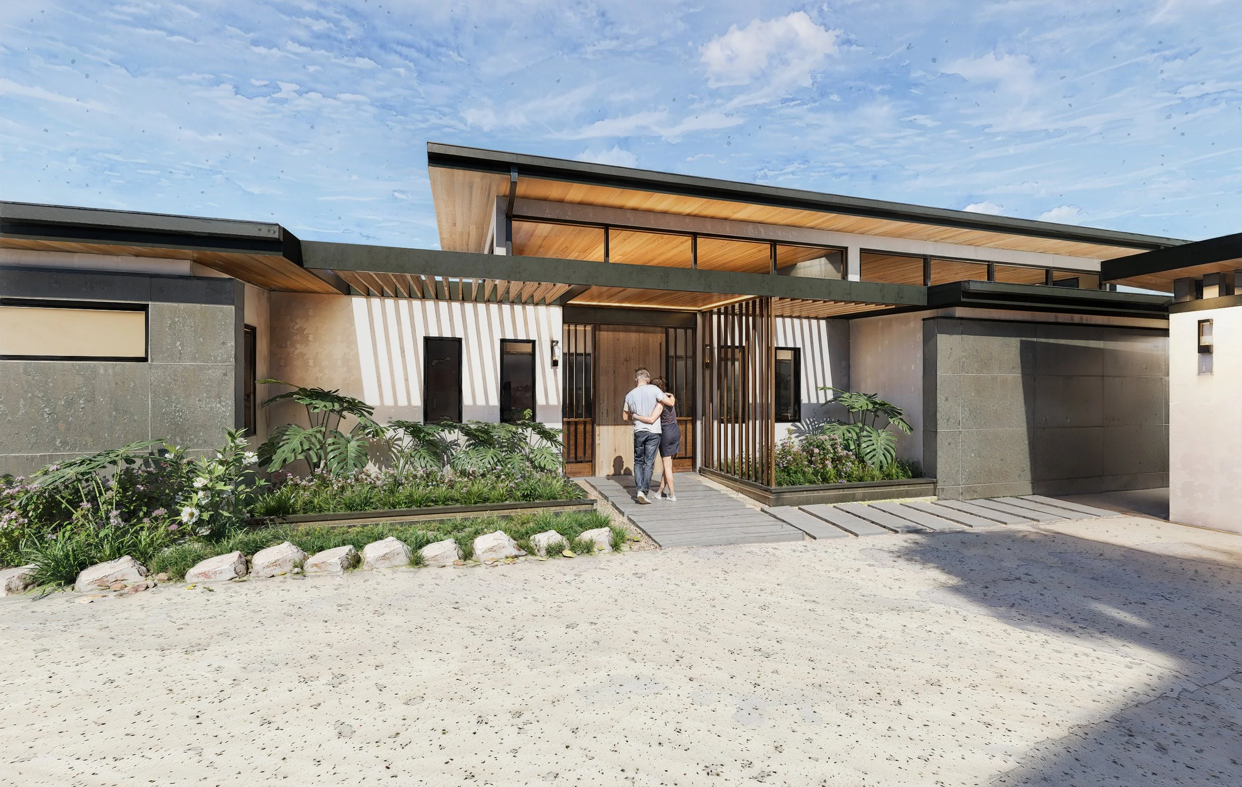 Front entry perspective of Solara house with wooden accents, covered porch, and modern landscaping.