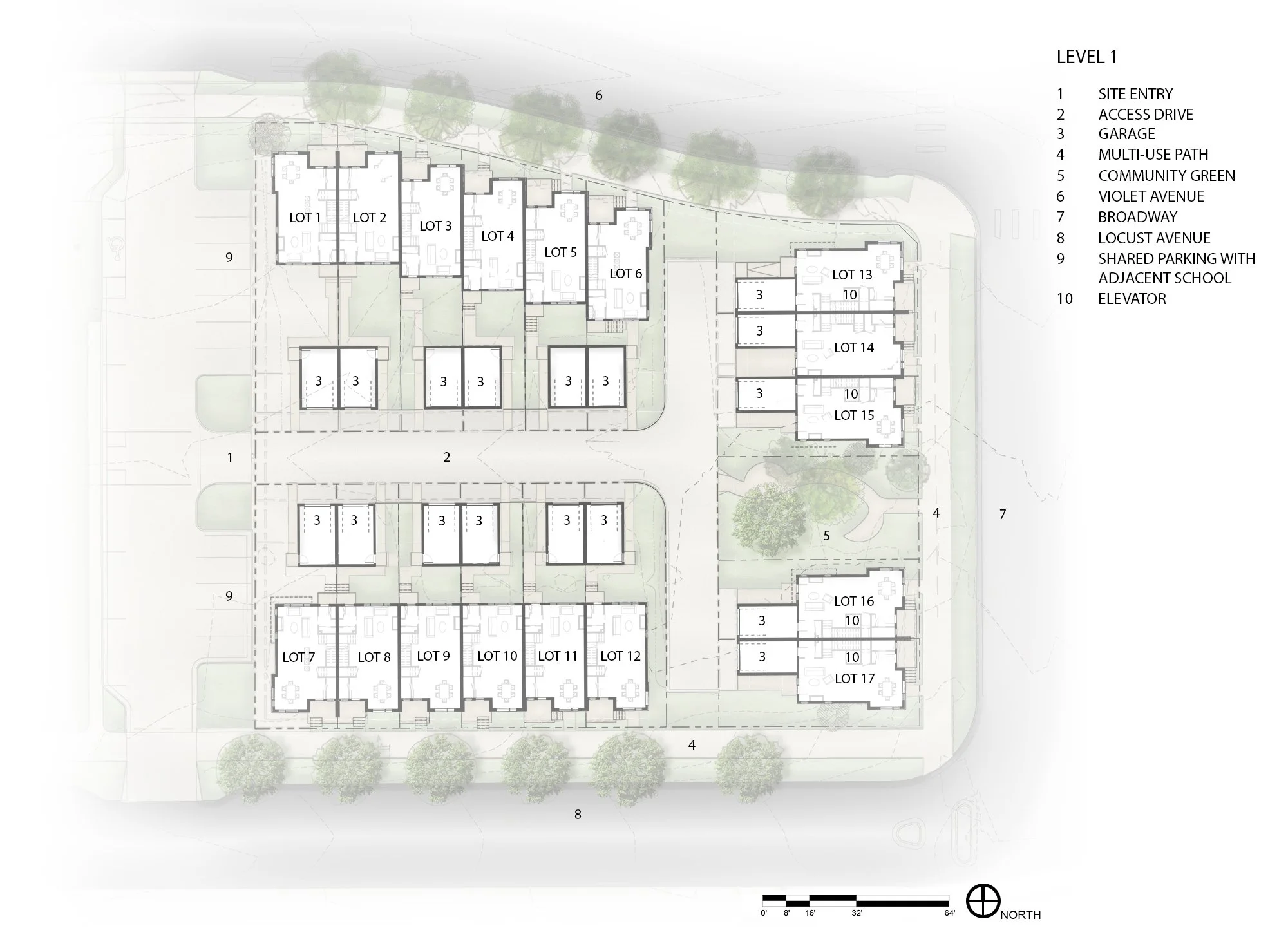 Site plan of Violla Townhomes residential development in Boulder, Colorado showing the layout of townhomes, courtyards, and pedestrian connections.