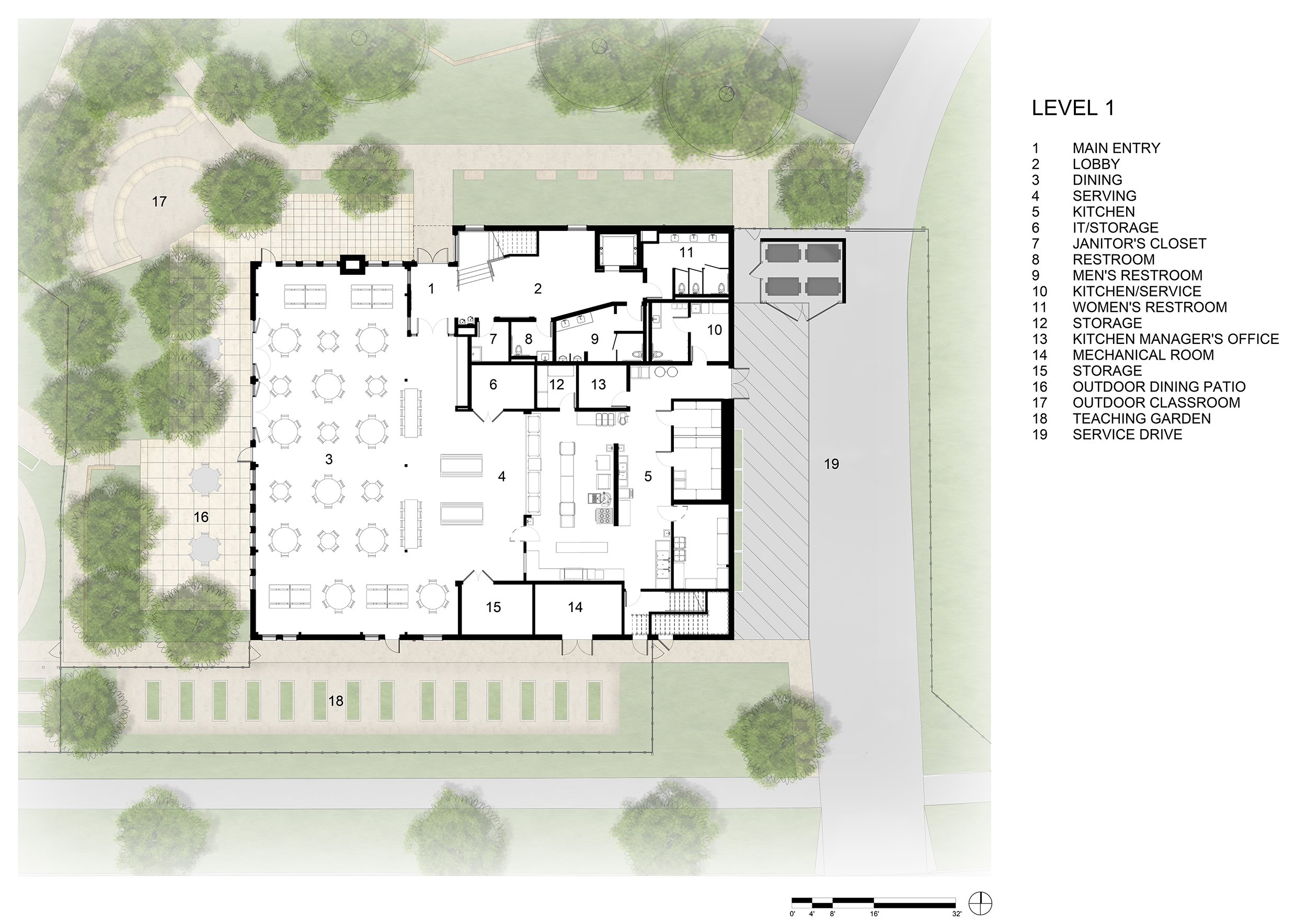 Architectural site plan of Boulder Country Day School Commons Building in Boulder, CO, showing the layout of classrooms, dining area, and outdoor spaces.