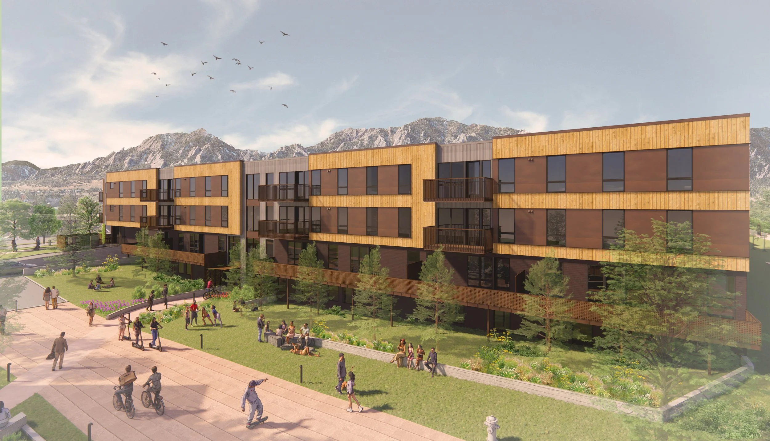 Rendering of HUB 28th St student housing community in Boulder featuring outdoor gathering spaces for students. Designed by Sopher Sparn Architects 